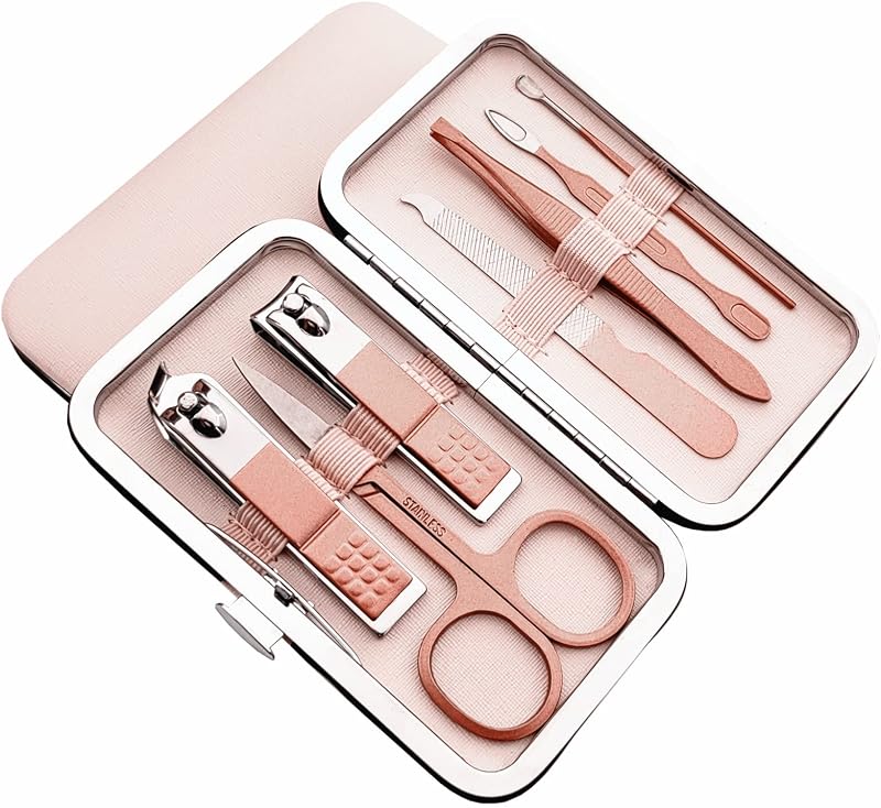 QURIPE 7pcs Manicure Set, Nail Clippers Kit, Stainless Steel Manicure Kit, Nail Clipping Tools Portable Travel Grooming Kit, The Best Gift with Luxurious Case(Rose Gold)