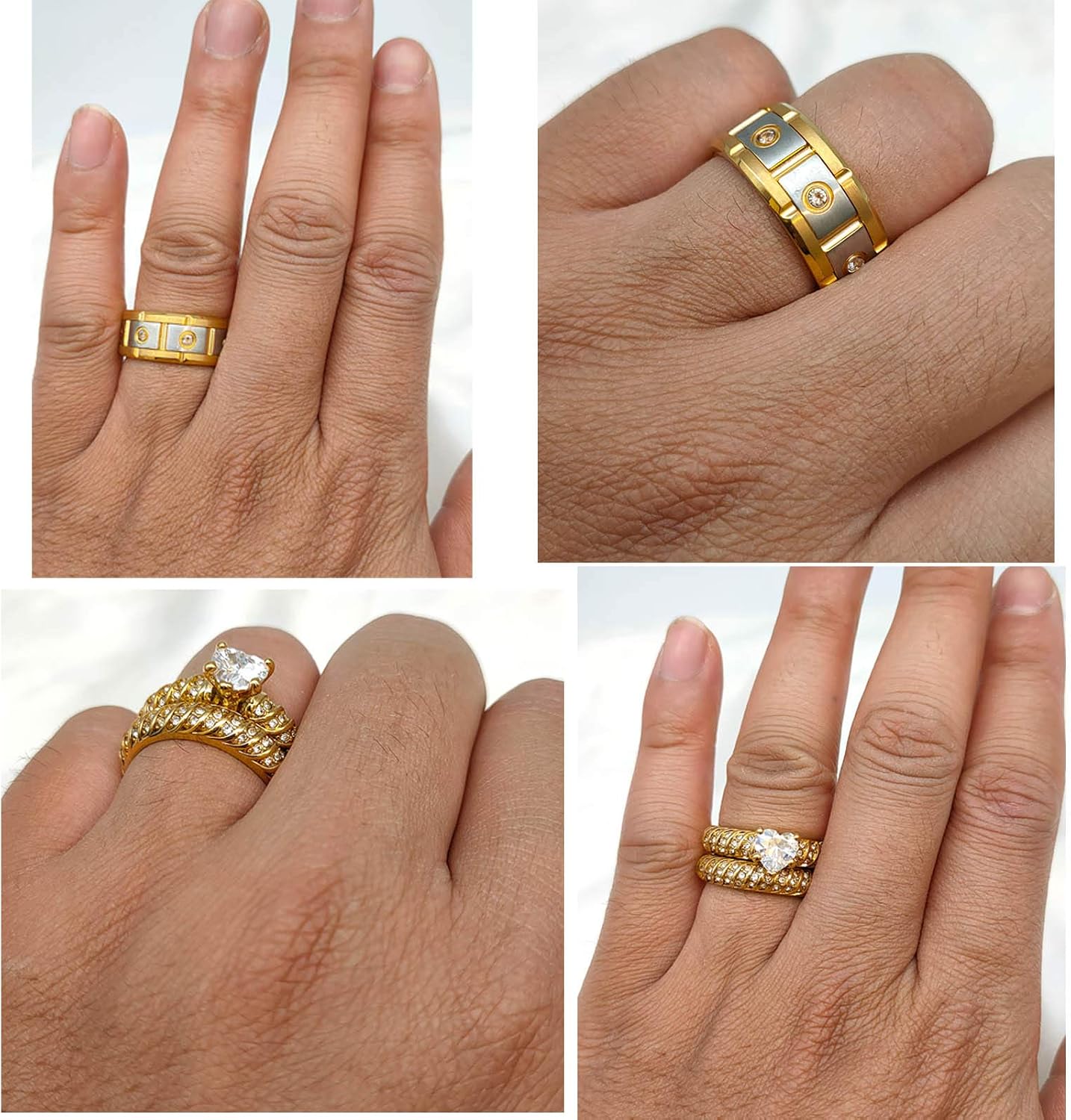 2 Rings Couple Rings Bridal Sets Yellow Gold Plated Heart Cz Womens Wedding Ring Sets Titanium Steel Man Wedding Bands