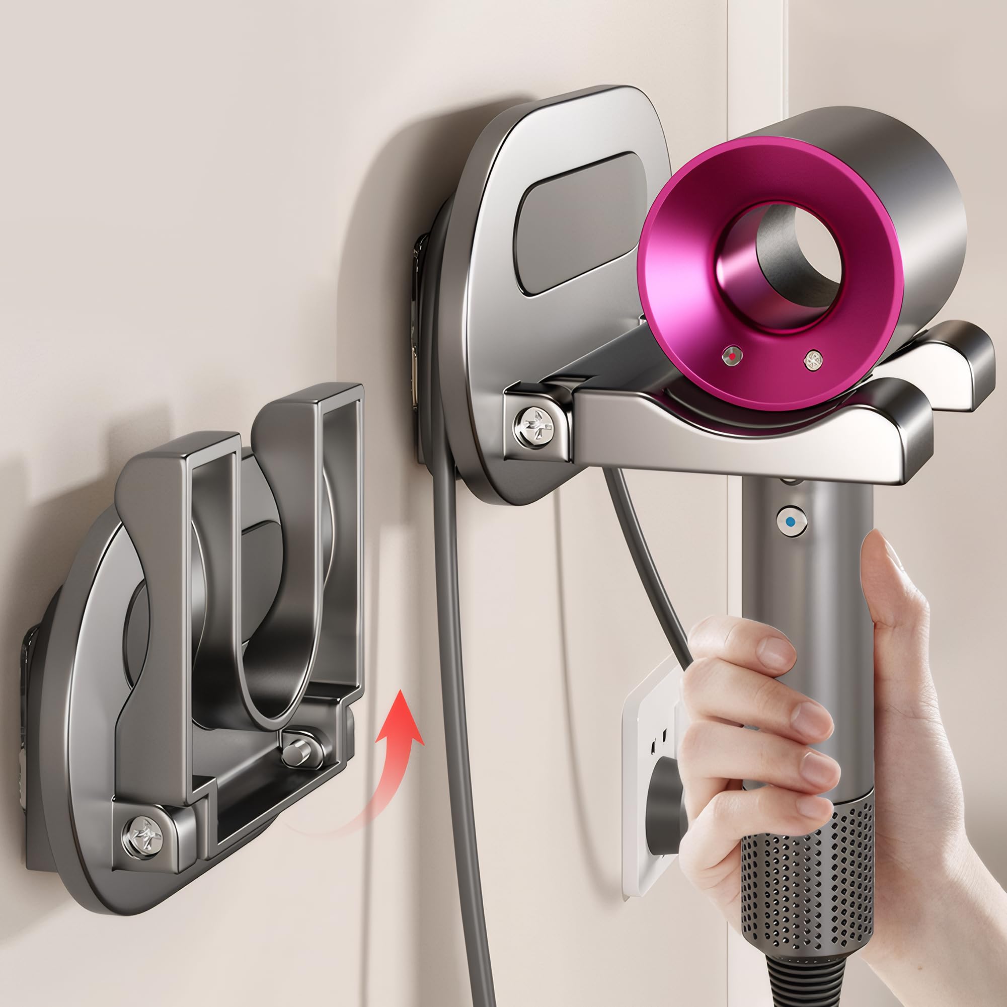 Soporte Secador de Pelo de Aluminio Veki, Porta Secador Sin Taladrar, Montaje en Pared, Colgador para Baño (Gris)