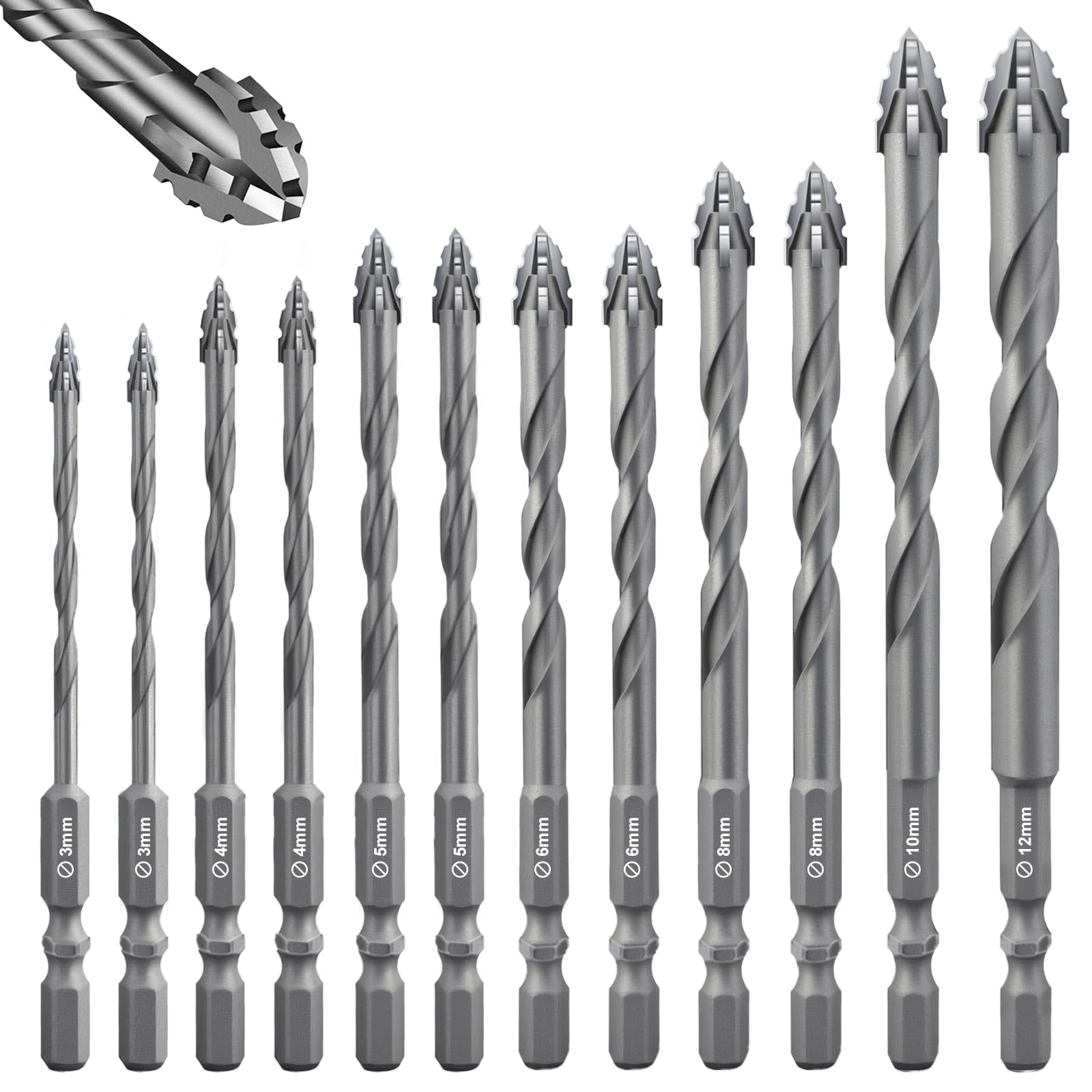 Flintronic Four-Flute Drill Bit Set, 12PCS Four Blade Serrated Eccentric Drill Bits, Masonry drill Bits with 1/4" Hex Shank