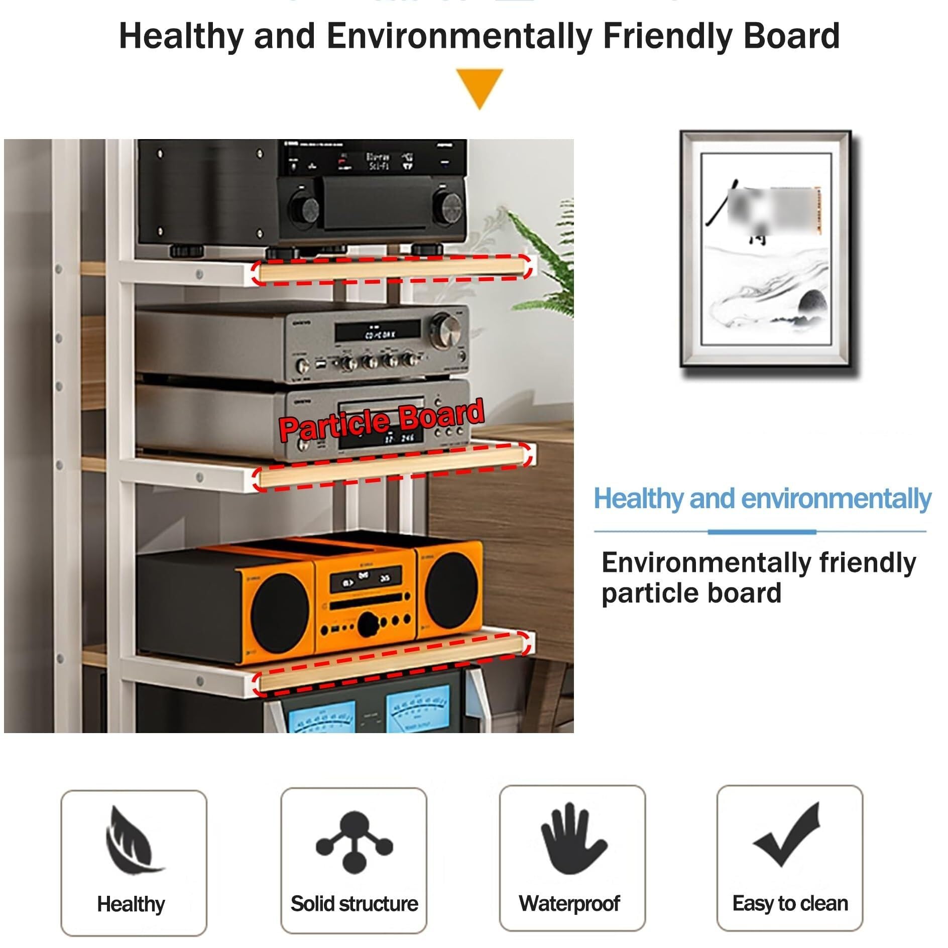 HiFi-Regal, AV-Regal, 3/4/5 Etagen, Multimedia-Aufbewahrungsschrank für Zuhause, Büro, Geschäft und Theater, stilvolle HiFi-Stereo-Einheit in Schwarz und Teakholz, 50 x 40 x 145 cm