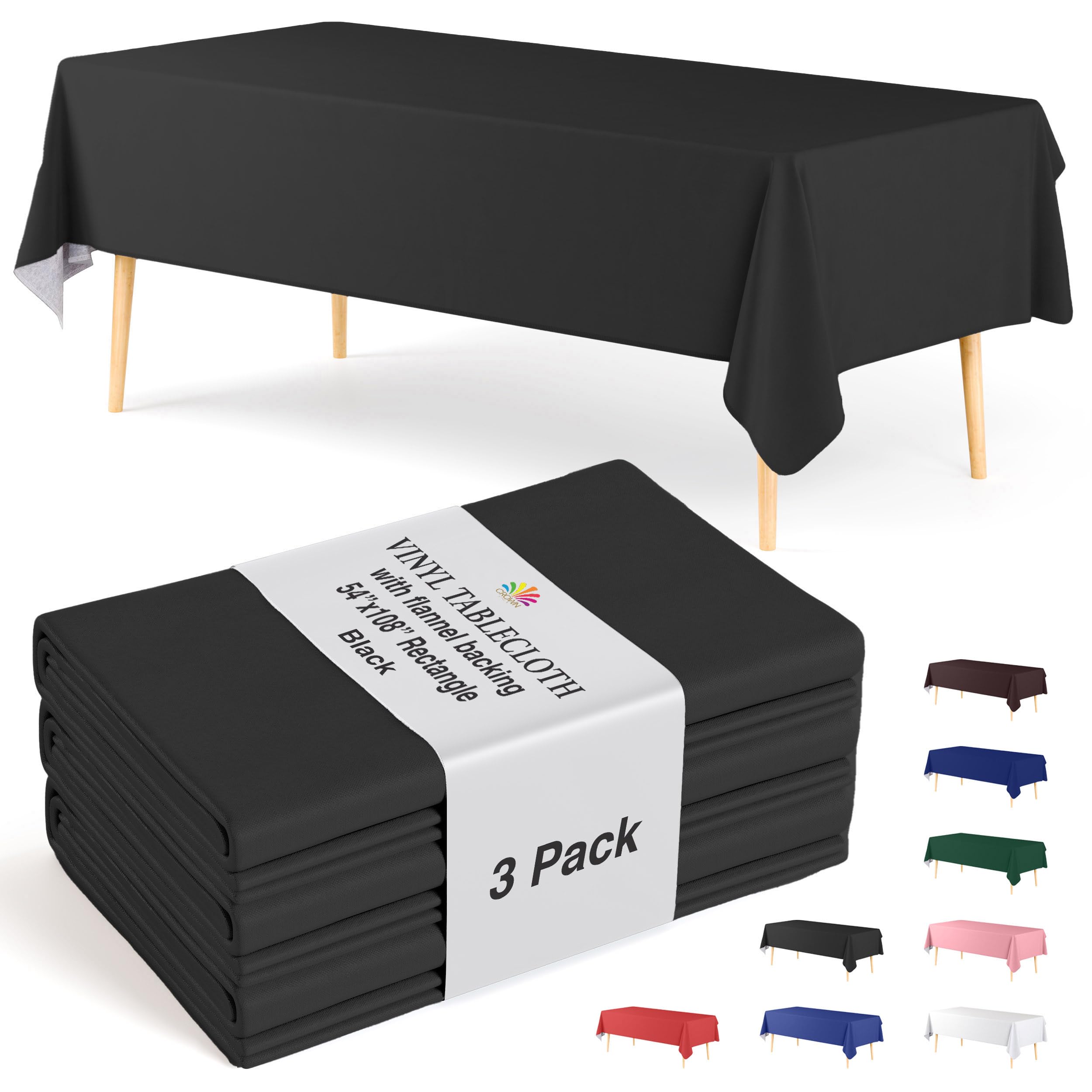 Exquisite Mantel de Vinilo Negro – 137 x 274 cm – Pack de 3, Mantel Rectangular con Parte Posterior de Franela, plástico, Reutilizable e Impermeable