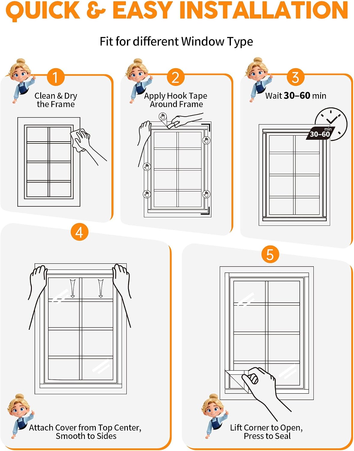 Ready-to-Install Plastic Window Insulation Film 47″×63″ (Fits 44″×60″ Windows), Reusable Clear Draft Protection Thermal Insulated Window Cover with Built-in Hook & Loop Edge, No Cutting or Messy Tape