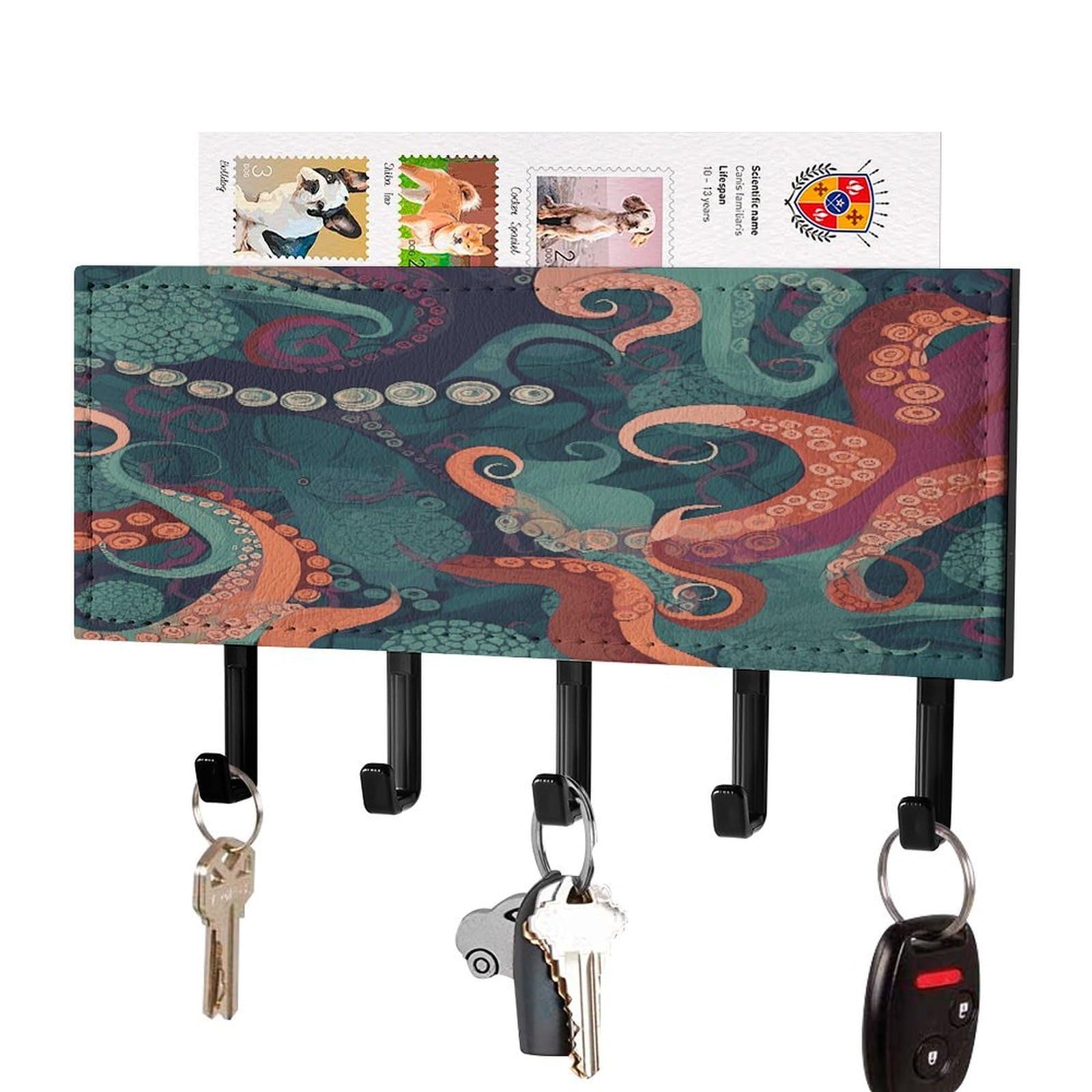 Fekiloot Black-Style Abstract Octopus Key Holder Wall Mount Key And Mail Holder Key Hanger With 5 Hooks Decorative Pu Key Rack Hanging Key Hooks For Wall Living Room Kitchen Bathroom Hallway