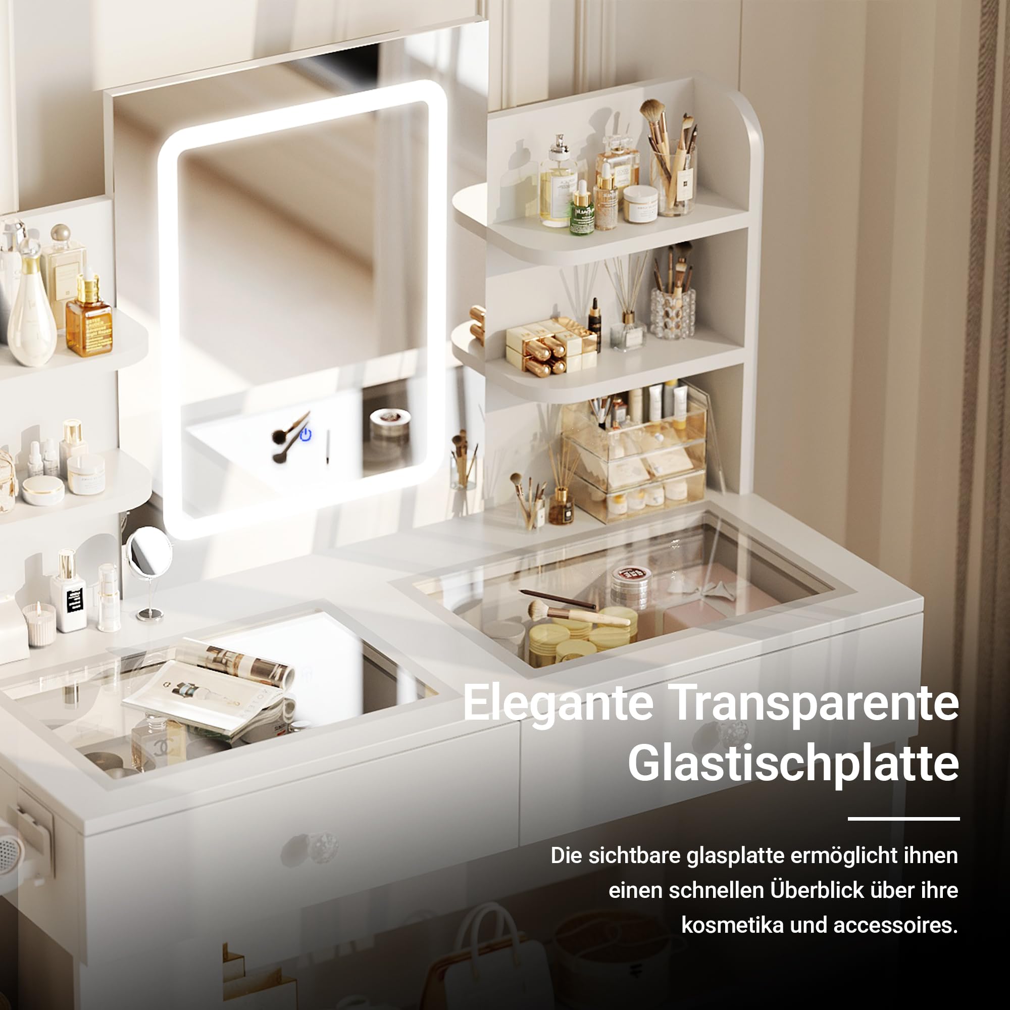 Claiks Hocker Schminktisch mit Stauraum, Schminkhocker Leinen, Sitzhocker gepolstert, Make-up Hocker für Schminktisch, Ankleidezimmer, Schlafzimmer, Weiß
