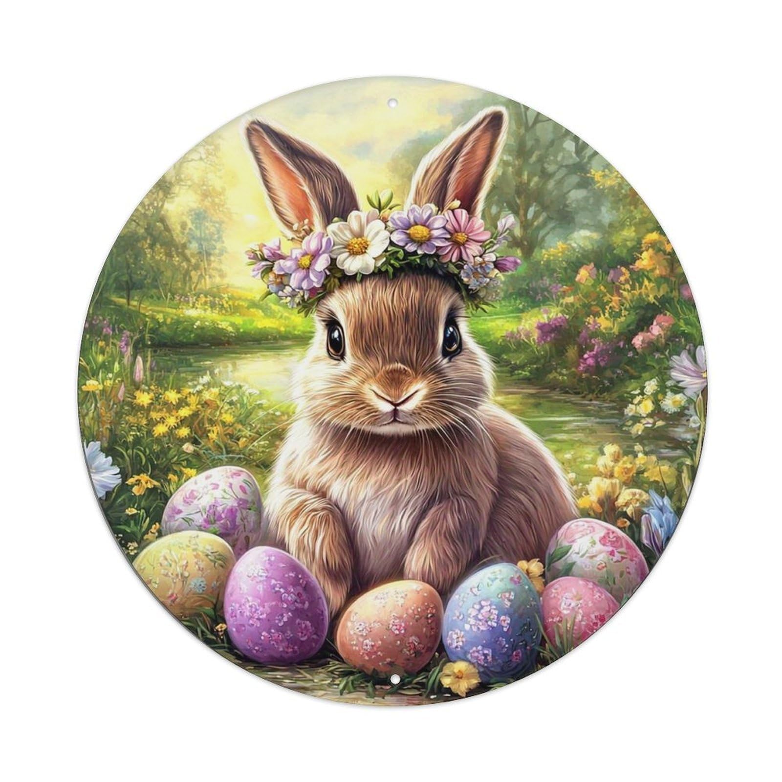 Easter Bunny Floral Eggs Spring Retro Metal Sign Round Tin Sign, Vintage Decor Art Poster for Bar, Home, Man Cave, Kitchen, Laundry Room Gift 8x8Inch