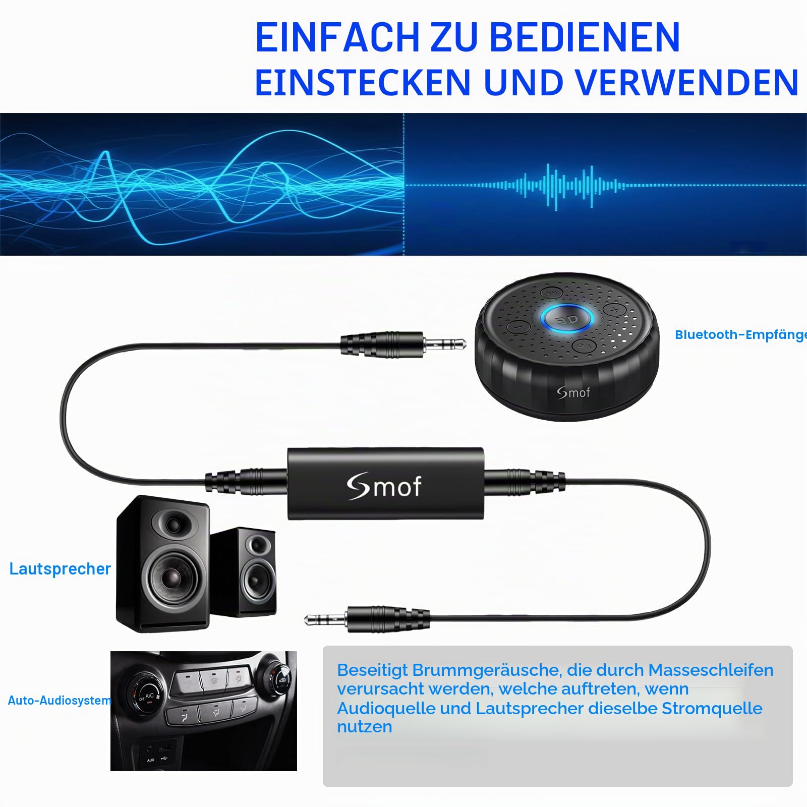 Bluetooth-KFZ-Set, Bluetooth-Adapter für das Auto, mit Geräuschisolierung, Freisprecheinrichtung und Musik-Streaming, Bluetooth-Empfänger, Kfz-Ladegerät mit 2 Anschlüssen