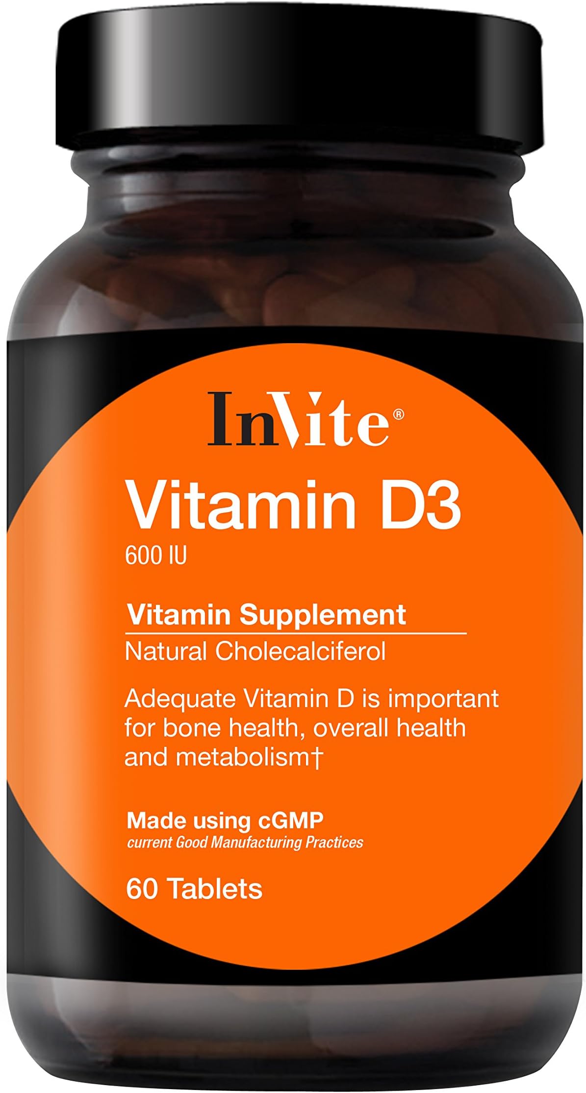 InVite Health Vitamin D3 600IU, Provides Nutritional Support for Bone Health, Metabolism and Overall Health, Organic Cholecalciferol, Non-GMO Dietary Supplement, 60 Tablets (Pack of 1)