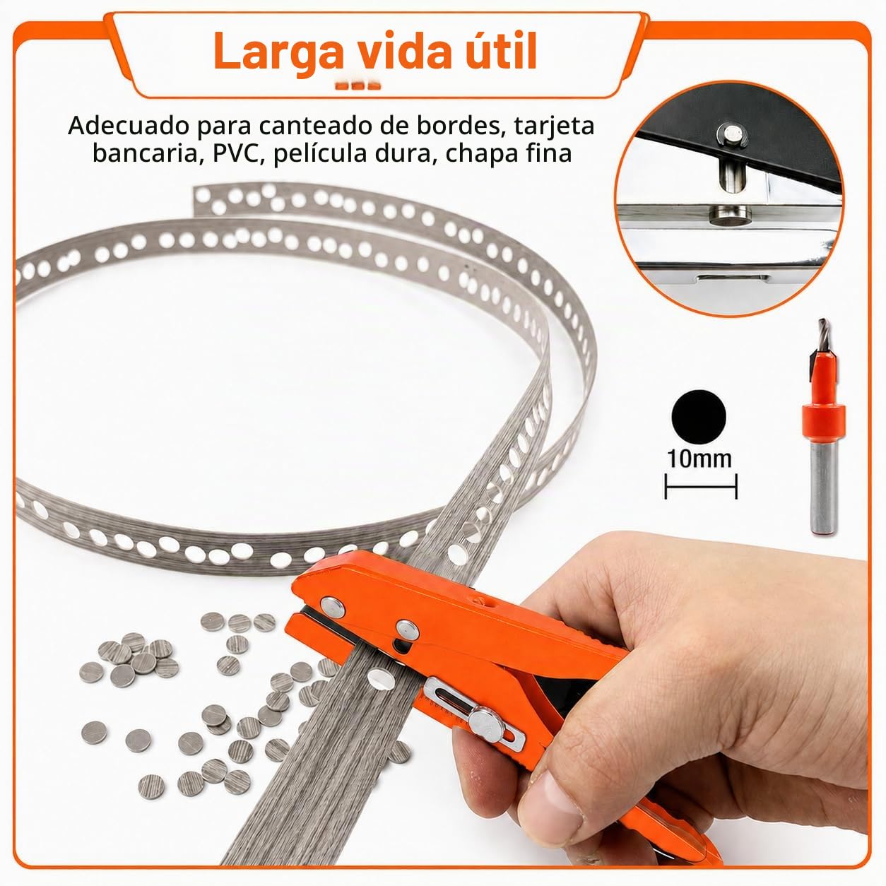 Alicate Perforador, Perforadora de un Solo Agujero 10 mm, Alicates para Perforar Papier, con Escala Ajustable para Encolar Cantos, Tarjetas de Crédito, PVC, Película Rígida, Chapa Fina