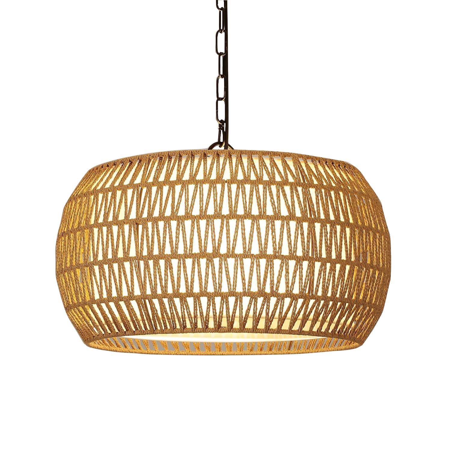 KXEcoLife Rattan Chandelier Light Fixtures, Hand Woven Chandeliers with Fabric Shade, 5-Lights Boho Large Pendant Light, Rustic Hanging Fixtures for Kitchen Island Dining Room