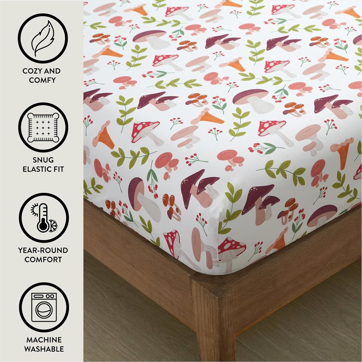 Urban Lifestyle 4 Piece Sheet Set, Including Top Sheet, Fitted Sheet and 2 Pillow Cases, Wild Mushroom Print, Queen