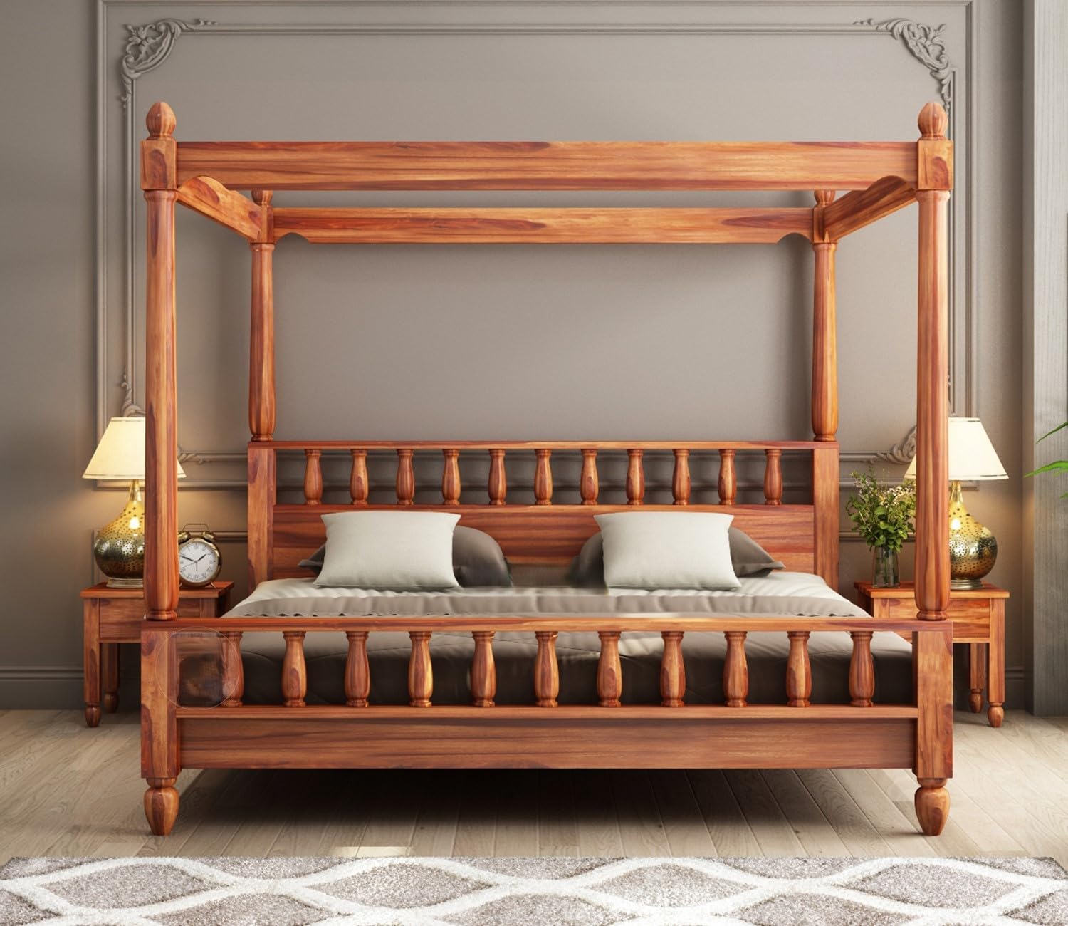 SS Wood Furniture Sheesham Solid Wood Allure Poster Bed Without Storage King Size Bed for Beautiful Bedroom (King, Honey)