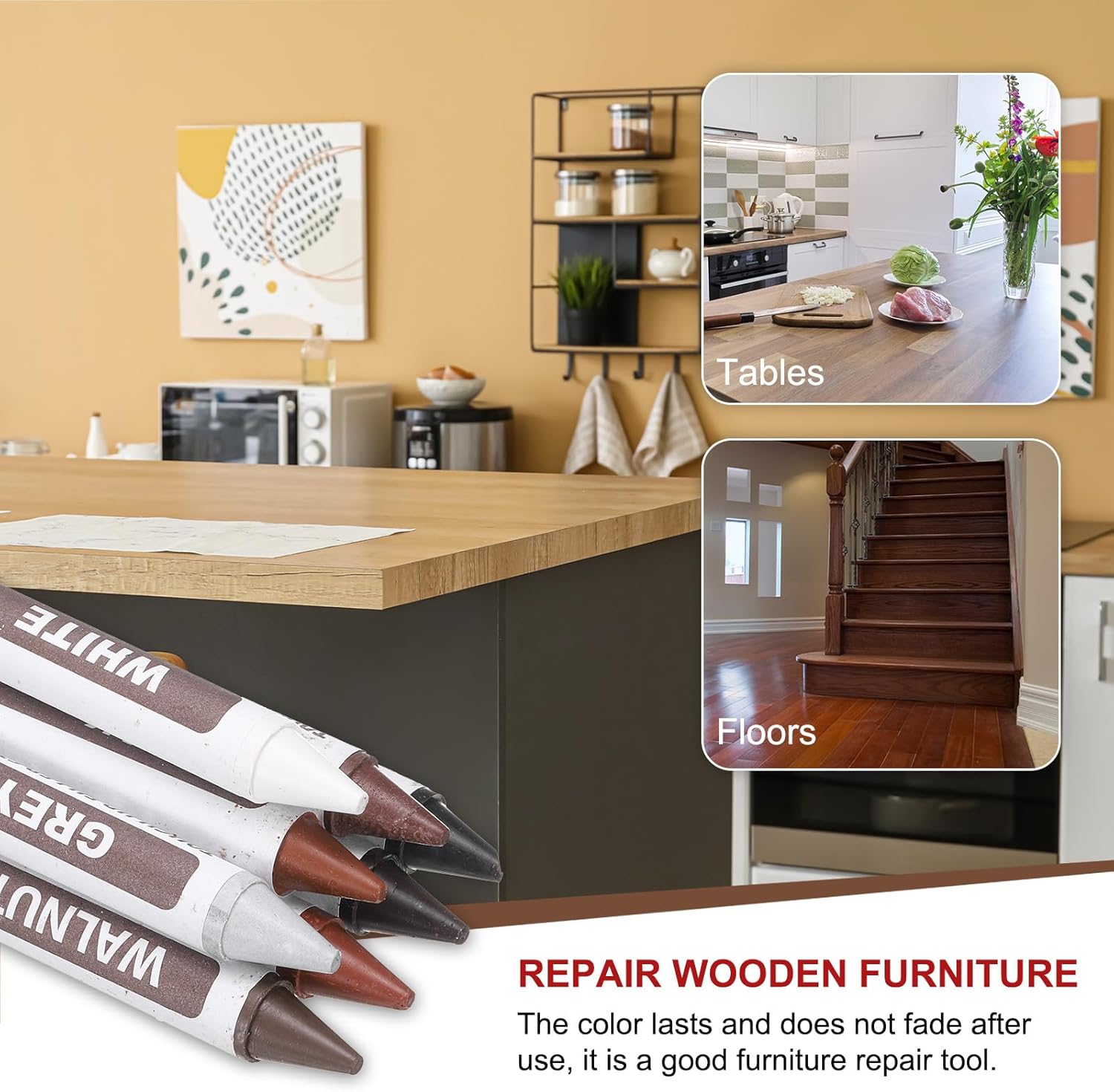 HARFINGTON 1 Set Wood Filler Sticks Wood Furniture Scratch Repair Filler Sticks Furniture Touch Up Markers with Pencil Sharpener for Wood Holes Wood Floor Table Door Cabinet, 8 Colors