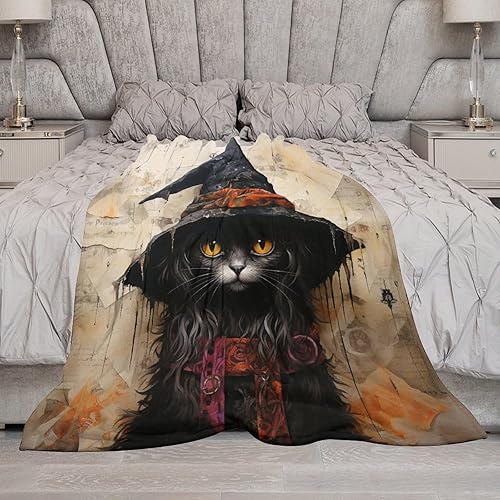 Miniatura 6 de Manta de gato negro con sombrero de bruja suave y cálida, manta vintage de franela de Halloween para sofá, cama, sofá para adultos, 40 x 50