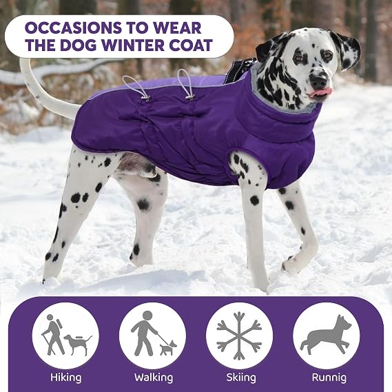 IDOMIK Warm Dog Coat with Harness, Waterproof Reflective Dog Jackets for Small Dogs, High Collar Winter Fleece Jacket Vest with Back Zipper, Pet Winter Coats Clothes for Cold Weather,Purple S