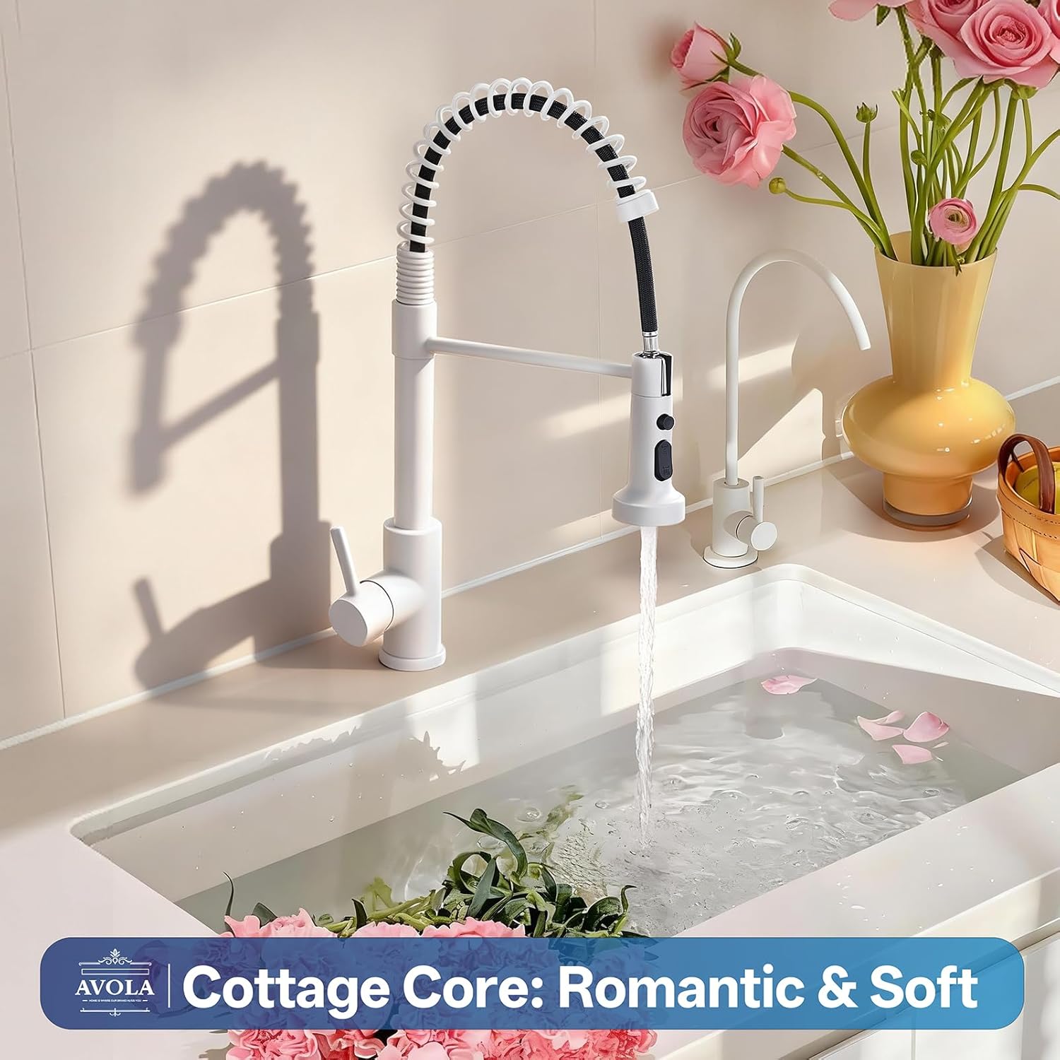 White Kitchen Faucet,Spring White Kitchen Sink Faucet with Pull Down Sprayer and Deck Plate, High Arc Single Handle Classic Stainless Steel Sink Faucets,Suitable for Farmhouse Camper Laundry Rv Bar