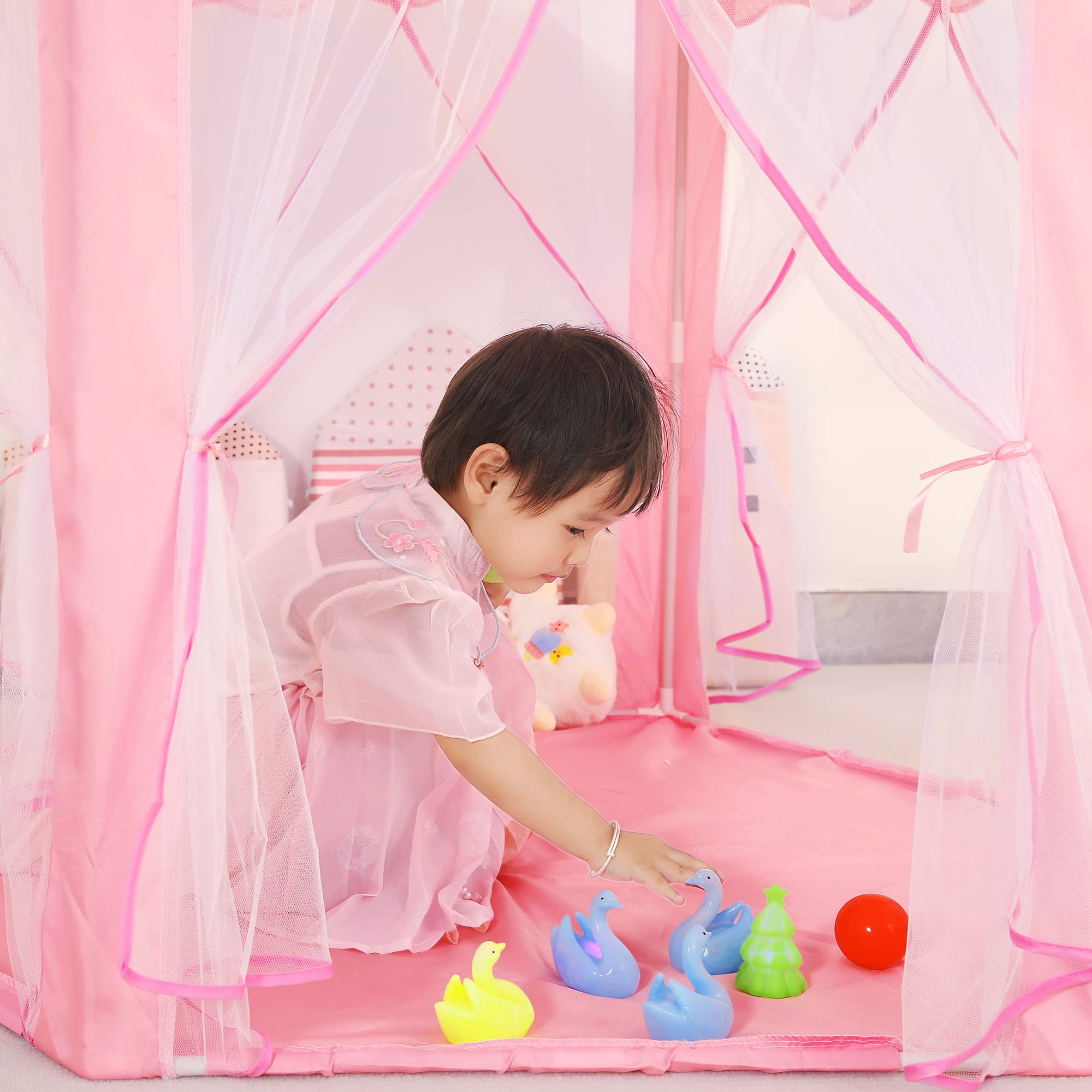 Tienda de campaña hexagonal de princesa | Incluye luces de estrella y estuche de transporte, casa de juegos grande para niños y niñas, niños pequeños, 55 pulgadas de profundidad x 55 3