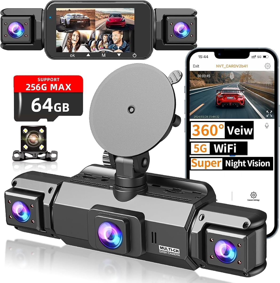 4 Channel Dash Cam Front and Rear Cabin, 360 Dash Camera, Night Vision 8 IR Lamps for Cars, 5G WiFi for Download, G-Sensor, 24H/7 Parking Mode with 64GB Card, Support 256 GB Max