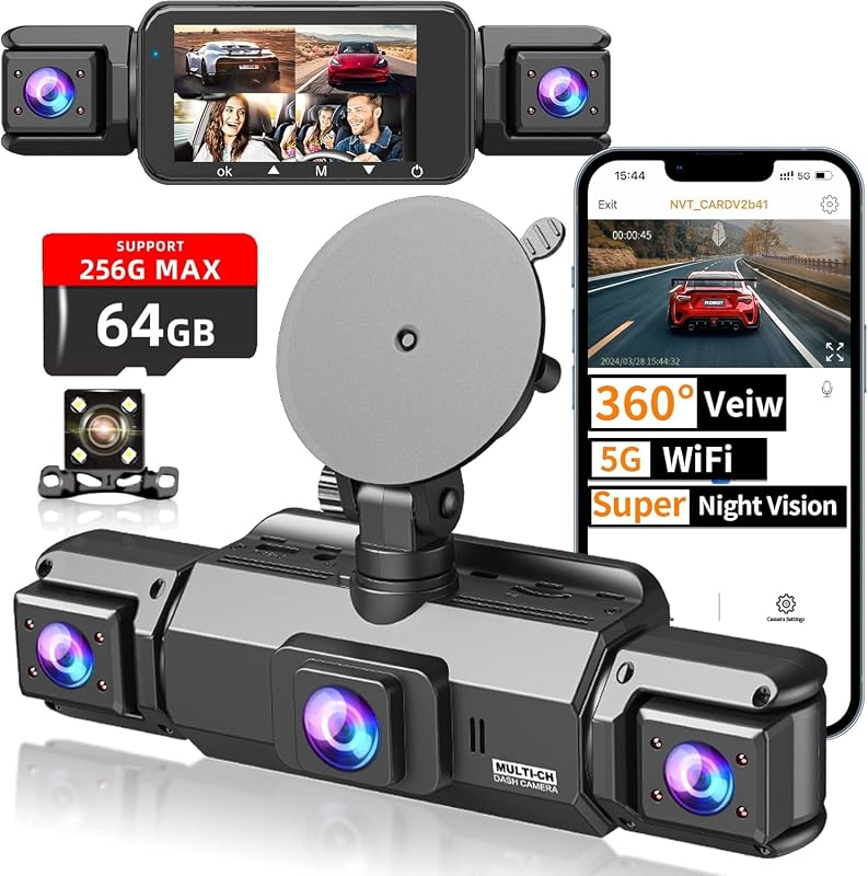 4 Channel Dash Cam Front and Rear Cabin, 360 Dash Camera, Night Vision 8 IR Lamps for Cars, 5G WiFi for Download, G-Sensor, 24H/7 Parking Mode with 64GB Card, Support 256 GB Max