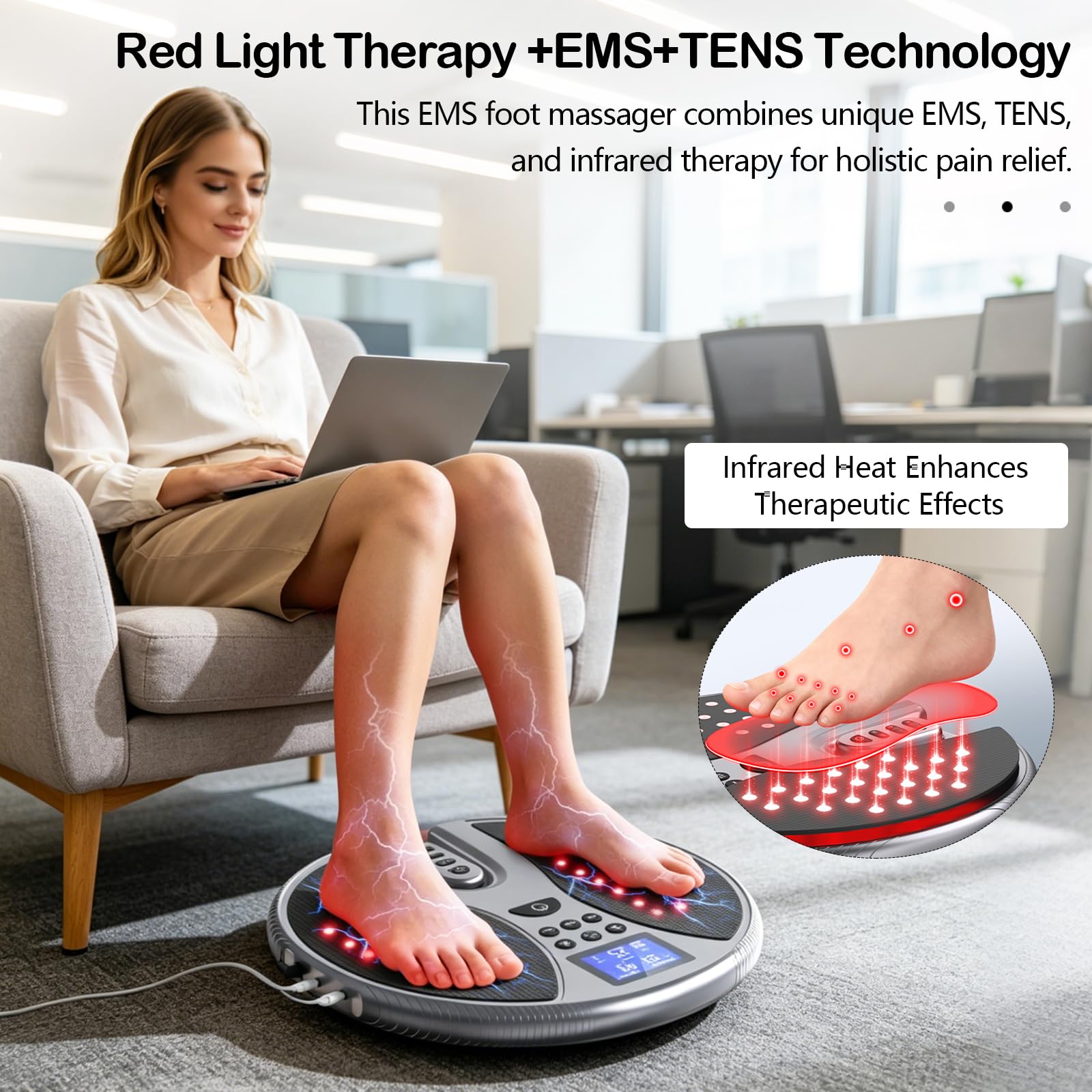 Stimolatore Circolazione per Piedi e Gambe, Massaggiatore Elettrico per Piedi con 4 Elettrodi, 25 Modalità e 99 Livelli di Intensità, Terapie EMS, TENS e Infrarossi, Migliora la Circolazione