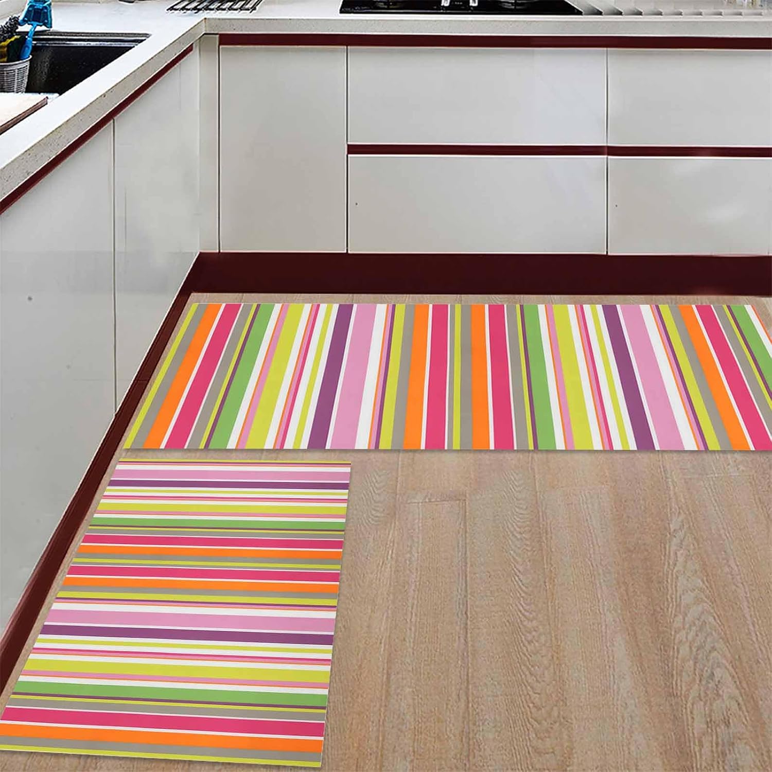 Colorful Striped Kitchen Rugs Set of 2, Farmhouse Modern Stripes Art Washable Bath Shower Door Welcome Runner Area Rug Mat Carpet for Bedroom Bathroom Living Room 16"x 24"+ 16"x 47"