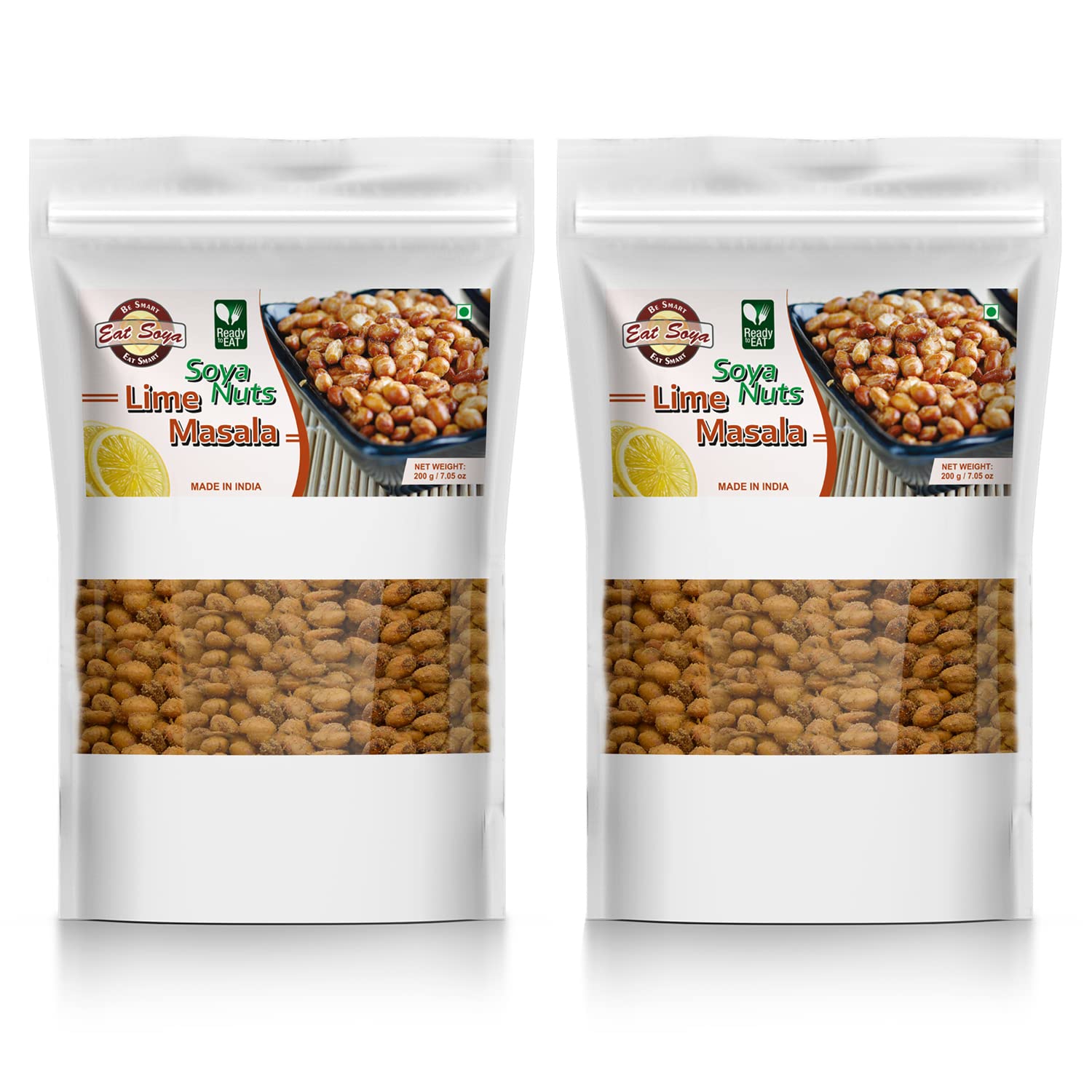 Eat Soya SOYA Nuts Healthy Roasted Namkeen and Snacks Crunchy and Tasty, Delicious l Diet Food l Keto Snacks l Healthy Snacks l Lime Masala 200g (Pack of 2,400g)