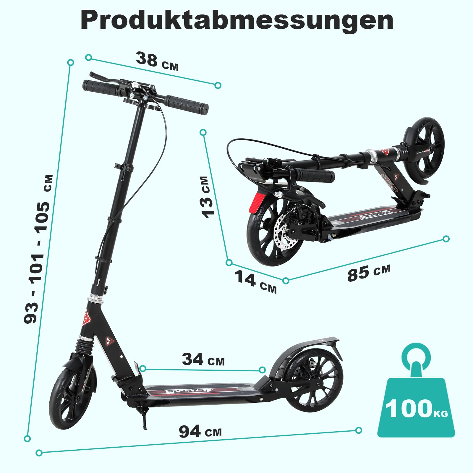 ISE Roller 200mm Big Wheel Scooter mit Doppelbremse & Federung - Klappbarer Cityroller für Erwachsene & Kinder Höhenverstellbarer Tretroller bis 100kg, inkl. Tragegurt & Handbremse
