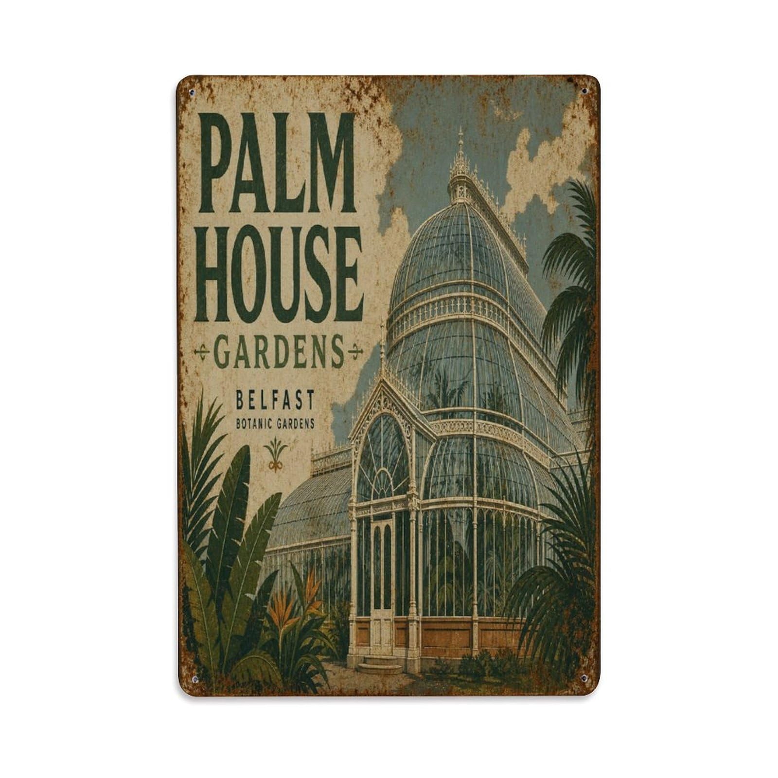 Belfast Botanic Garden Vintage Palm House Metal Tin Sign Plaque Wall Decor for Cafe, Man Cave, Club Bar, Office, Home Garden Round Metal Poster 8x12Inch
