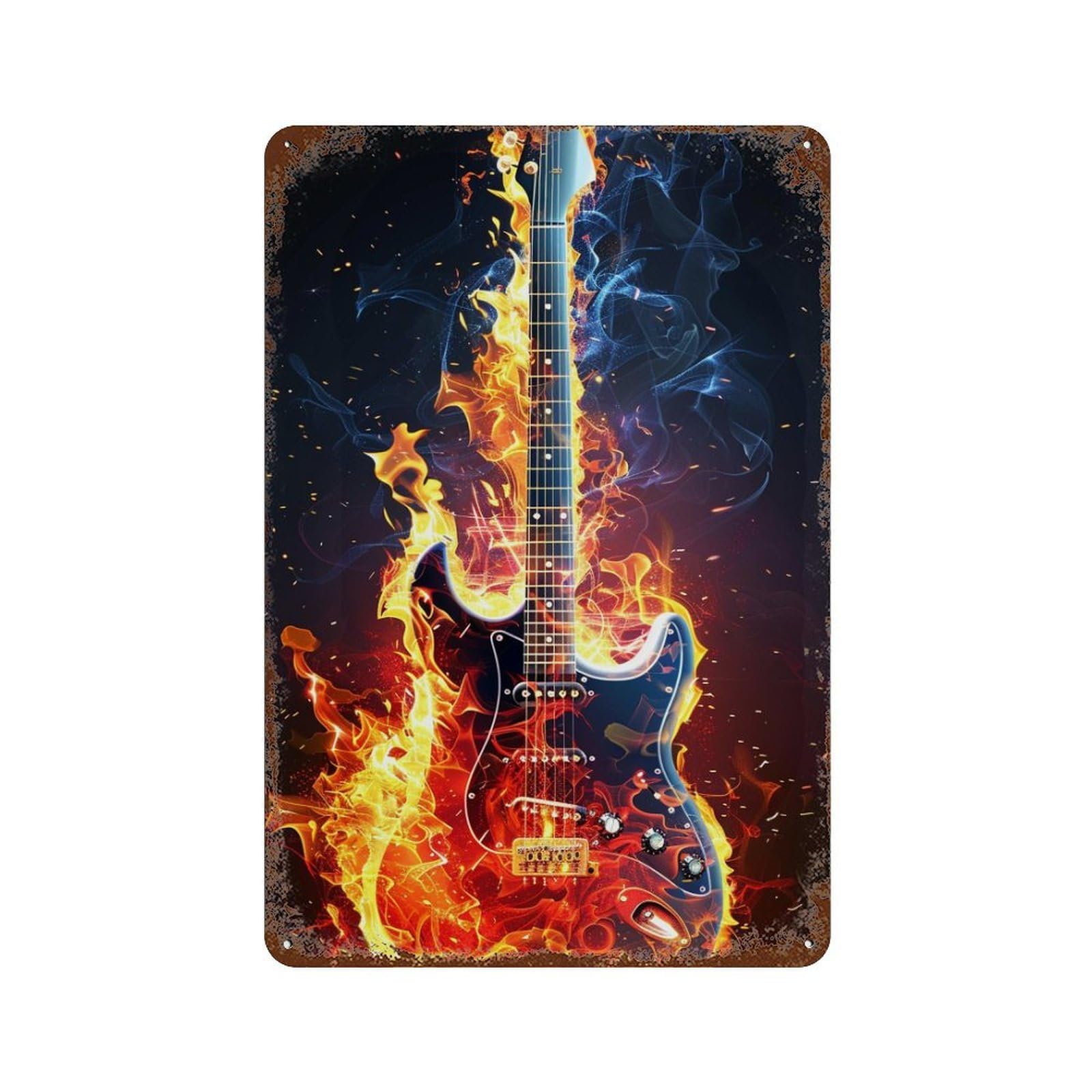 Vintage Metal Tin Sign Electric Guitar with Fire Effect 11.8"x7.9", Classic Wall Plaque for Pub, Kitchen And Man Cave Decor