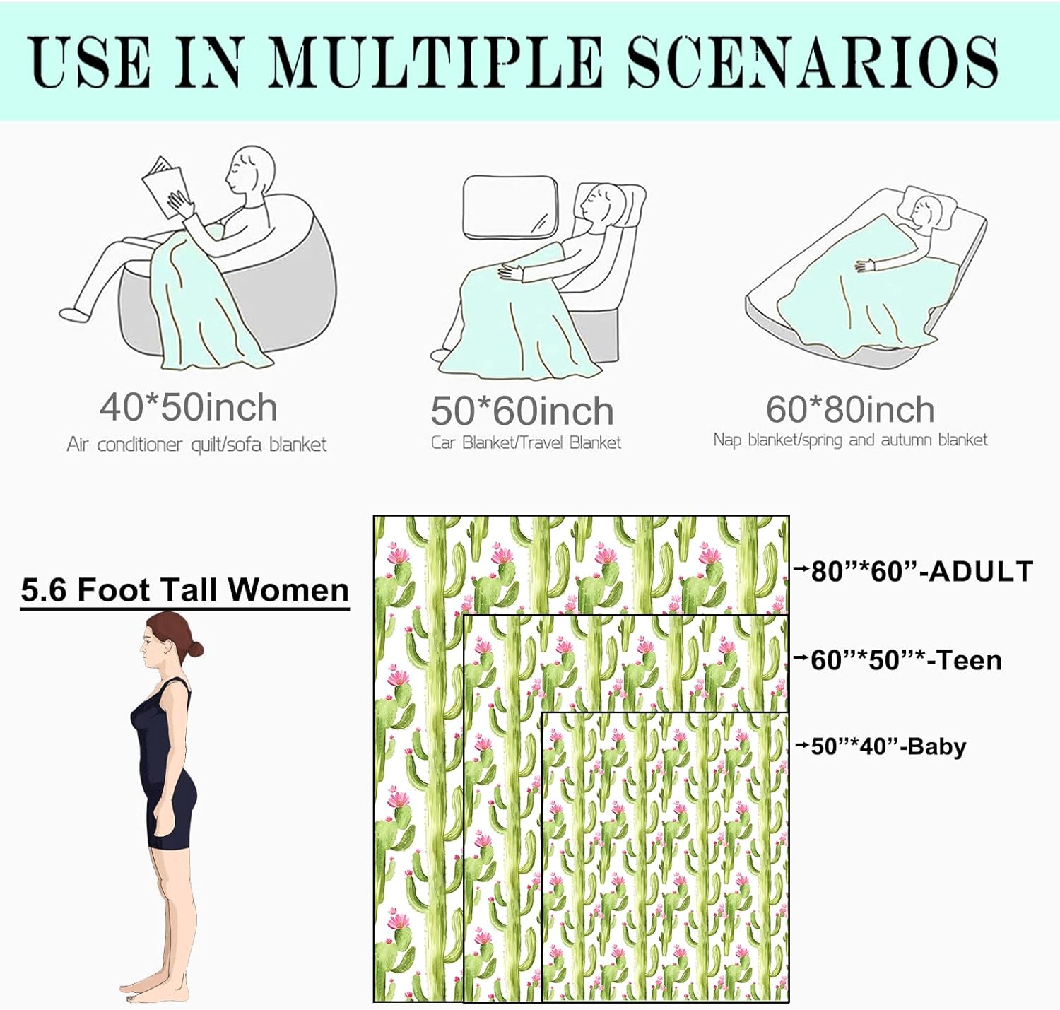 Cactus Fleece Blanket - 50x60in Vibrant Green Cacti and Pink Flower Throw Blankets,Soft Cozy Lightweight, for Living Room Home Southwestern Desert Decor and Kids Women Girls Spring Gifts - Image 3