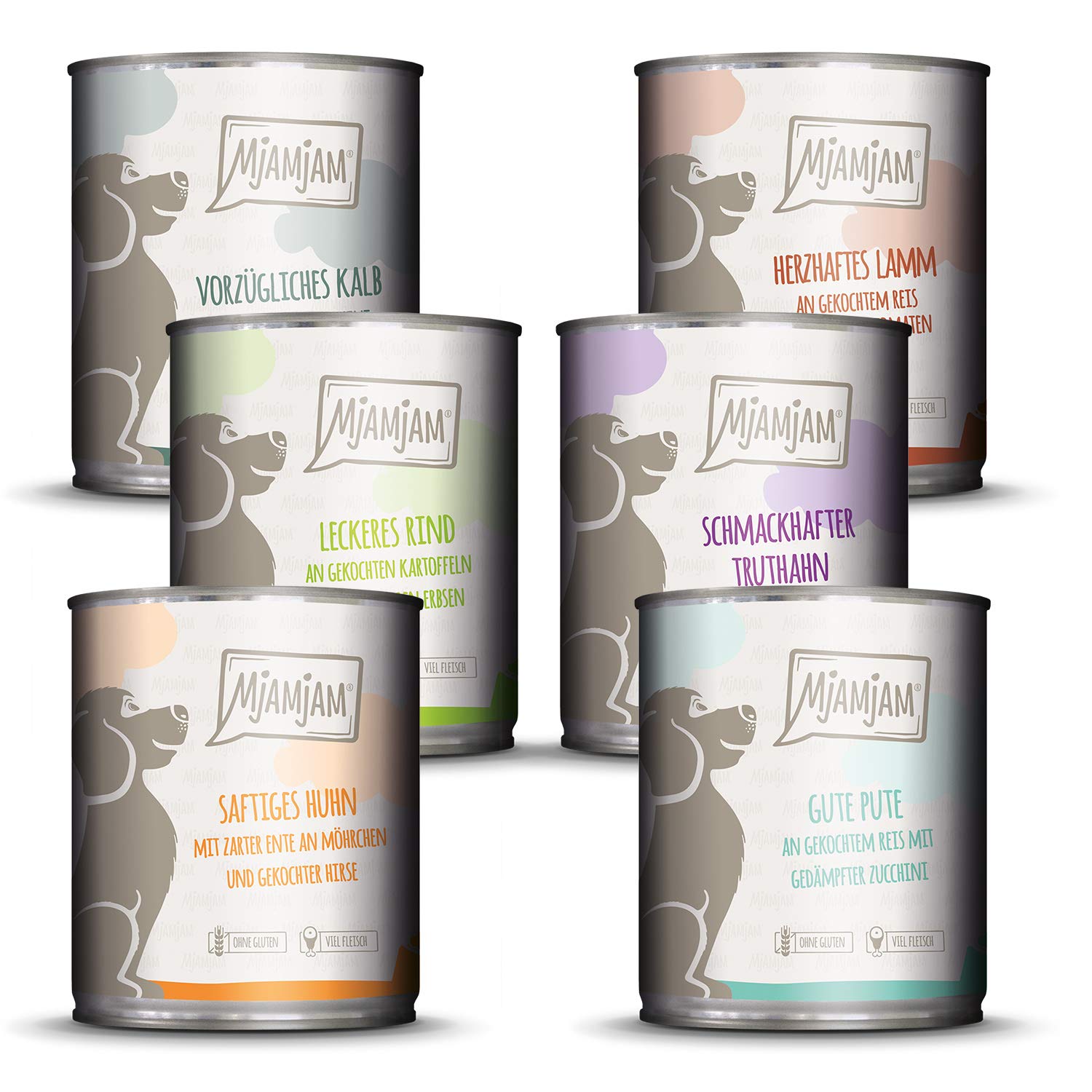 MjAMjAM - Premium Nassfutter für Hunde, 6er Pack (6 x 800 g) & Premium Nassfutter für Hunde - Mixpaket II - Mit Huhn & Ente, Rind, Pute, Kalb, Truthahn, Lamm, 6er Pack (6 x 800 g)