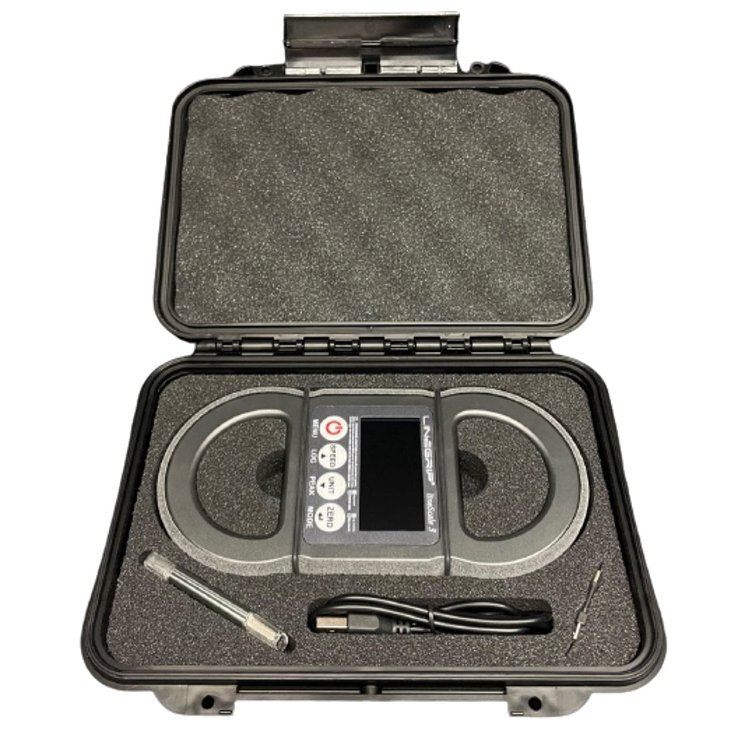 Dynamomètre numérique de poche Line Scale 3 complet avec accessoires : clé USB, protection en caoutchouc, étui de protection et film anti-éblouissement - Noir