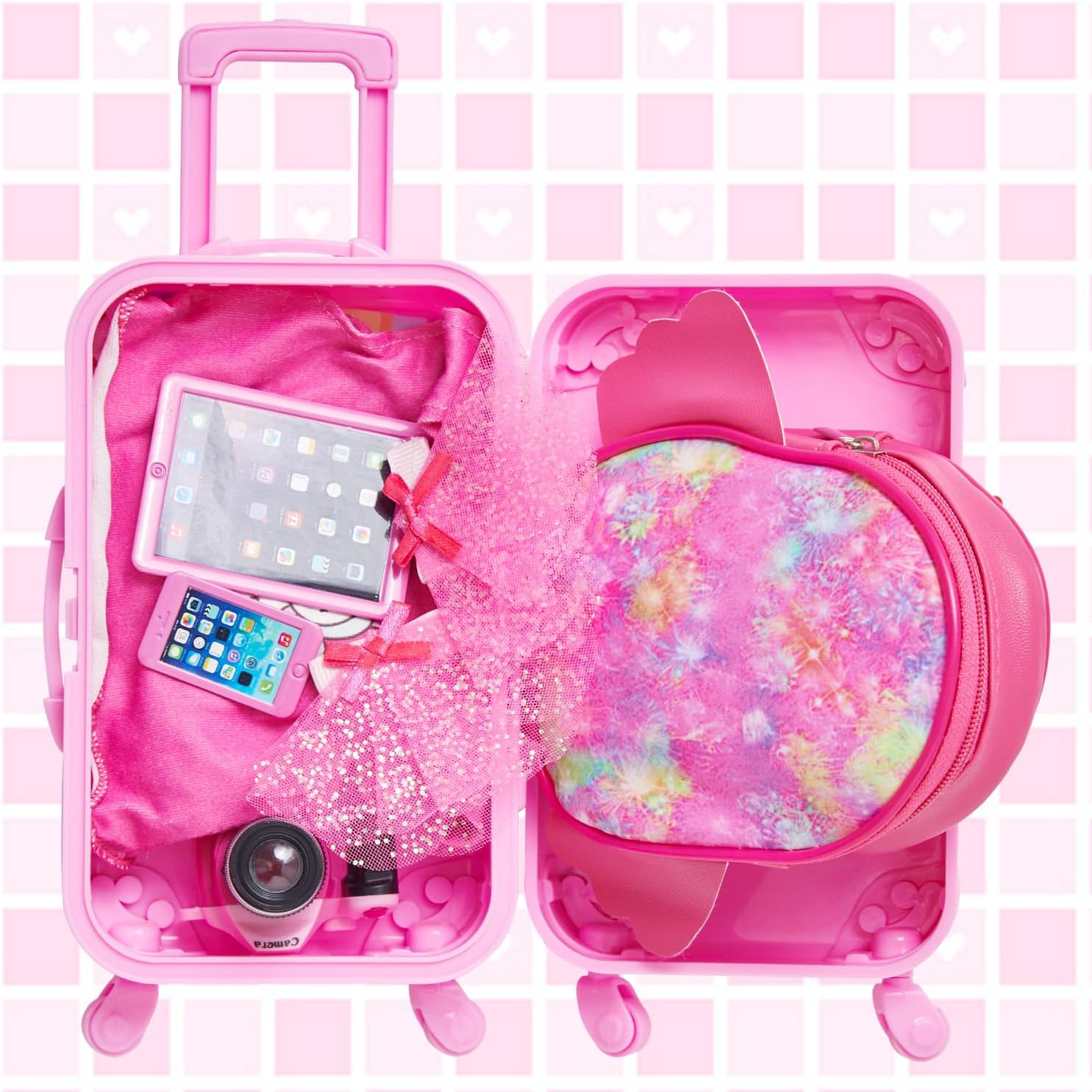 Ecore Fun American 18 Inch Doll Clothes and Accessories Suitcase Set with Doll Backpack Outfits Hair Clips & Accessories 18 Inch Dolls Girl Gifts