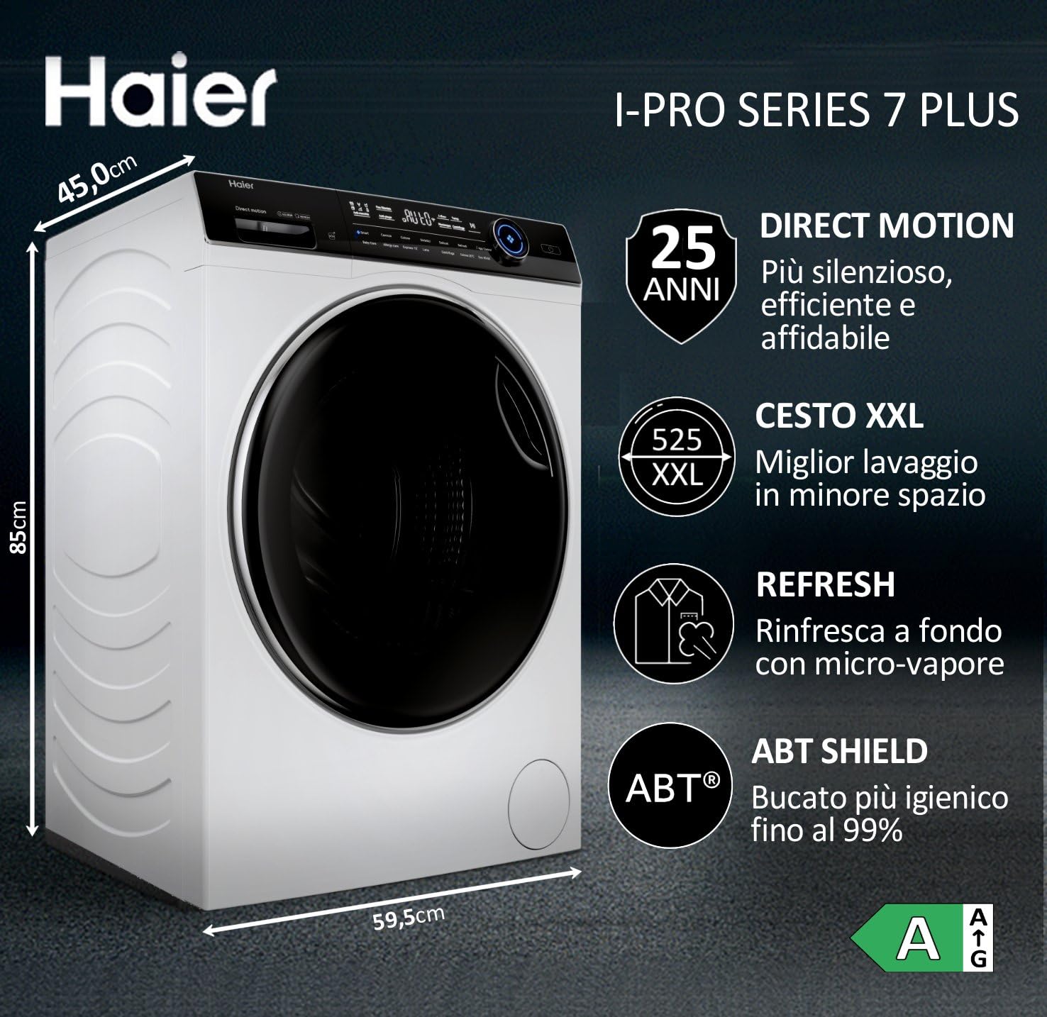Haier I-Pro Serie 7 Plus, Lavatrice a carica frontale 9 KG, Libera Installazione, Classe A-25%, 1400 giri, Opzione Vapore, 14 programmi, App hOn, AxLxP 85x60x53 cm, Bianca - HW90-B14IGIT