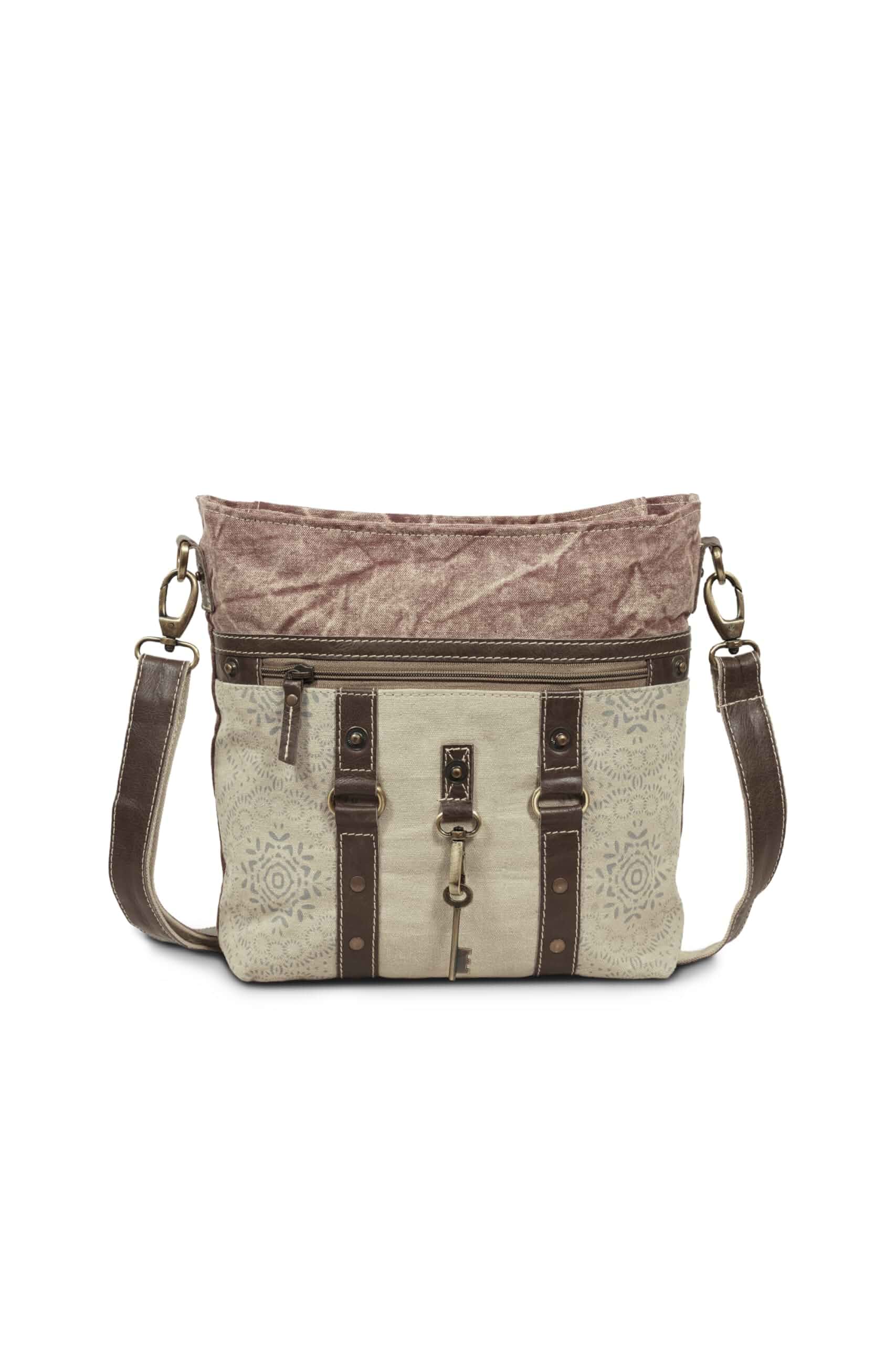 3Blifestyle - Vintage Key Crossbody Purse | Upcycled Canvas & Leather Shoulder Bag for Women | Multi Pocket Messenger Bag