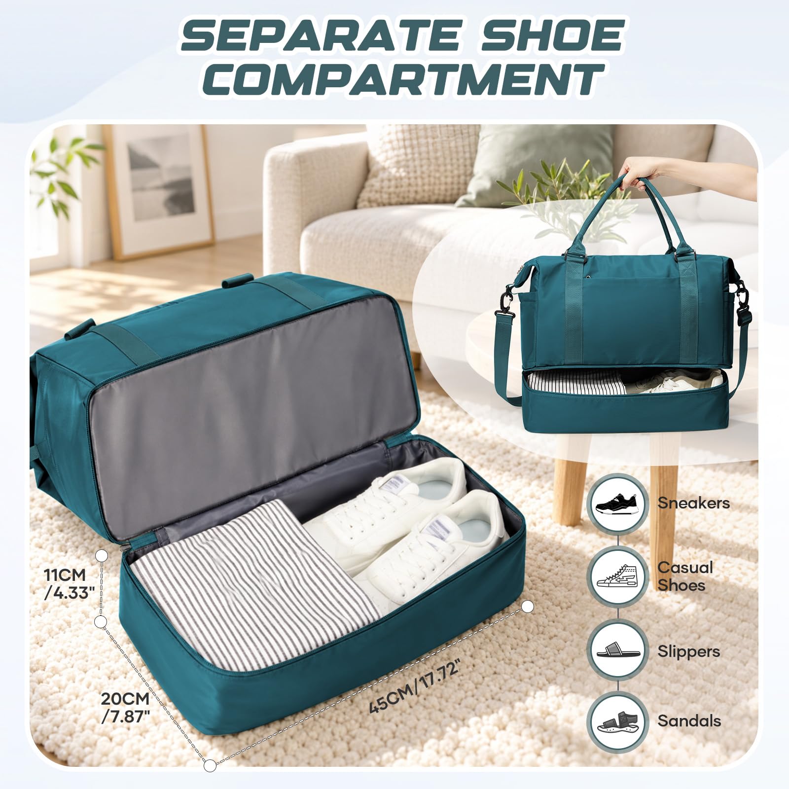 HPLQQ Bolsa de Viaje 45x36x20 Easyjet Equipaje de Mano Bolsa de Fin de Semana de Deporte Mujer con Compartimento para Zapatos Impermeable Bolsa Gimnasio Bolso Maternidad Hospital,A04-Azul Pavo Real