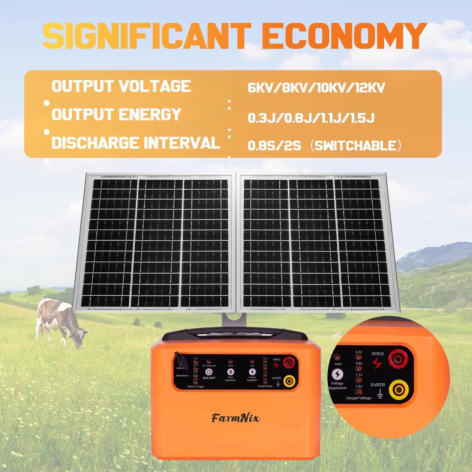 48KM Clôture Électrique Solaire, 0.3-1.5J, 6-12KV Réglable ClôTure éLectrique Pour Animaux avec Panneau Solaire de 15W, 12V 7Ah batterie plomb-acide, pour berger, pour ferme, pâturage, jardin