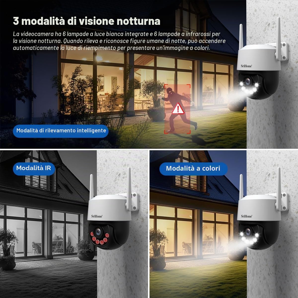 SRIHOME 8MP 2.4/5GHz PTZ telecamera di sorveglianza WiFi esterna 3X elettronico Zoom Monitoraggio Automatico Rilevamento Umano Audio Visione Notturna bidirezionale