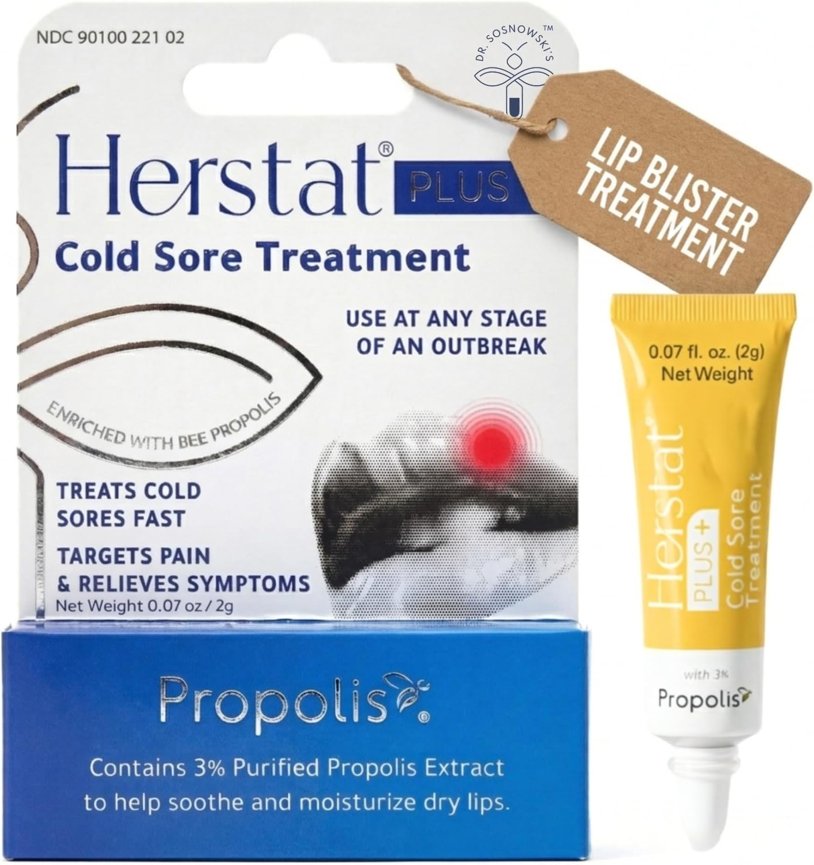 Herstat Plus+ Cold Sore Treatment 2g with 3% Propolis - Rapid Cold Sore Balm & Fever Blister Treatment - Lip Blister Treatment