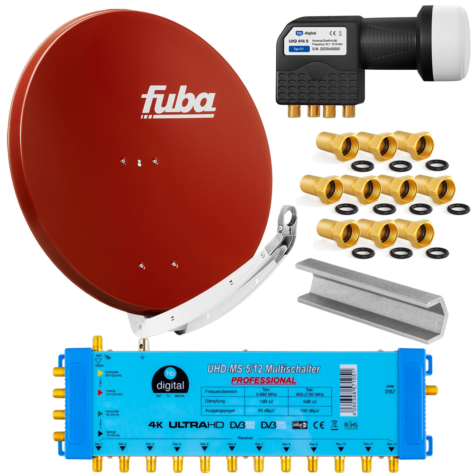 FUBA 12 TEILNEHMER DIGITAL SAT ANLAGE DAA850R + 0,1dB LNB Full HDTV 4K + PMSE Multischalter 5/12 + 35 Vergoldete F-Stecker Gratis dazu