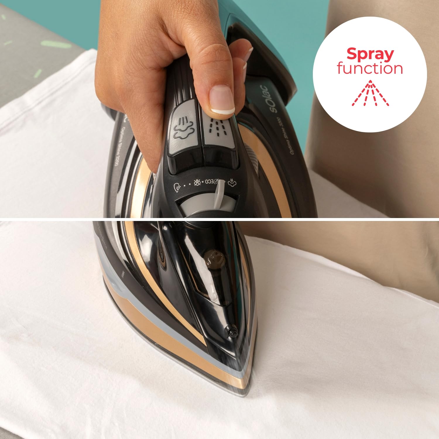 Solac – Plancha ropa Optima Shine 3200W | Suela Bi-Flow Steam | Golpe vapor 240g/min | Vapor Continuo 45g/min | Rápido calentamiento 30s | Antical | Antigoteo | Autolimpieza