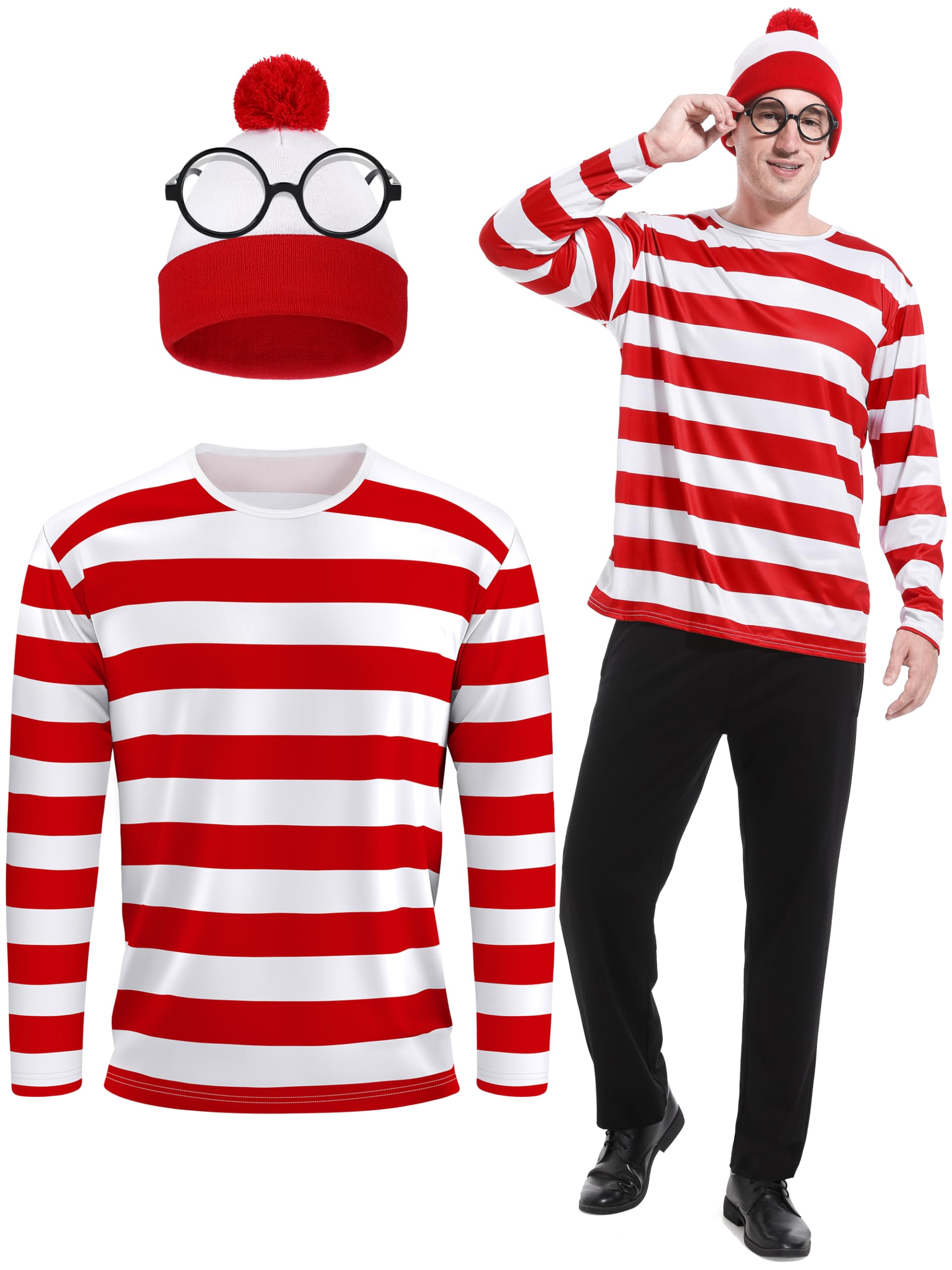 3 Pieces Men Halloween Costume Set Cosplay Costumes Red and White Striped