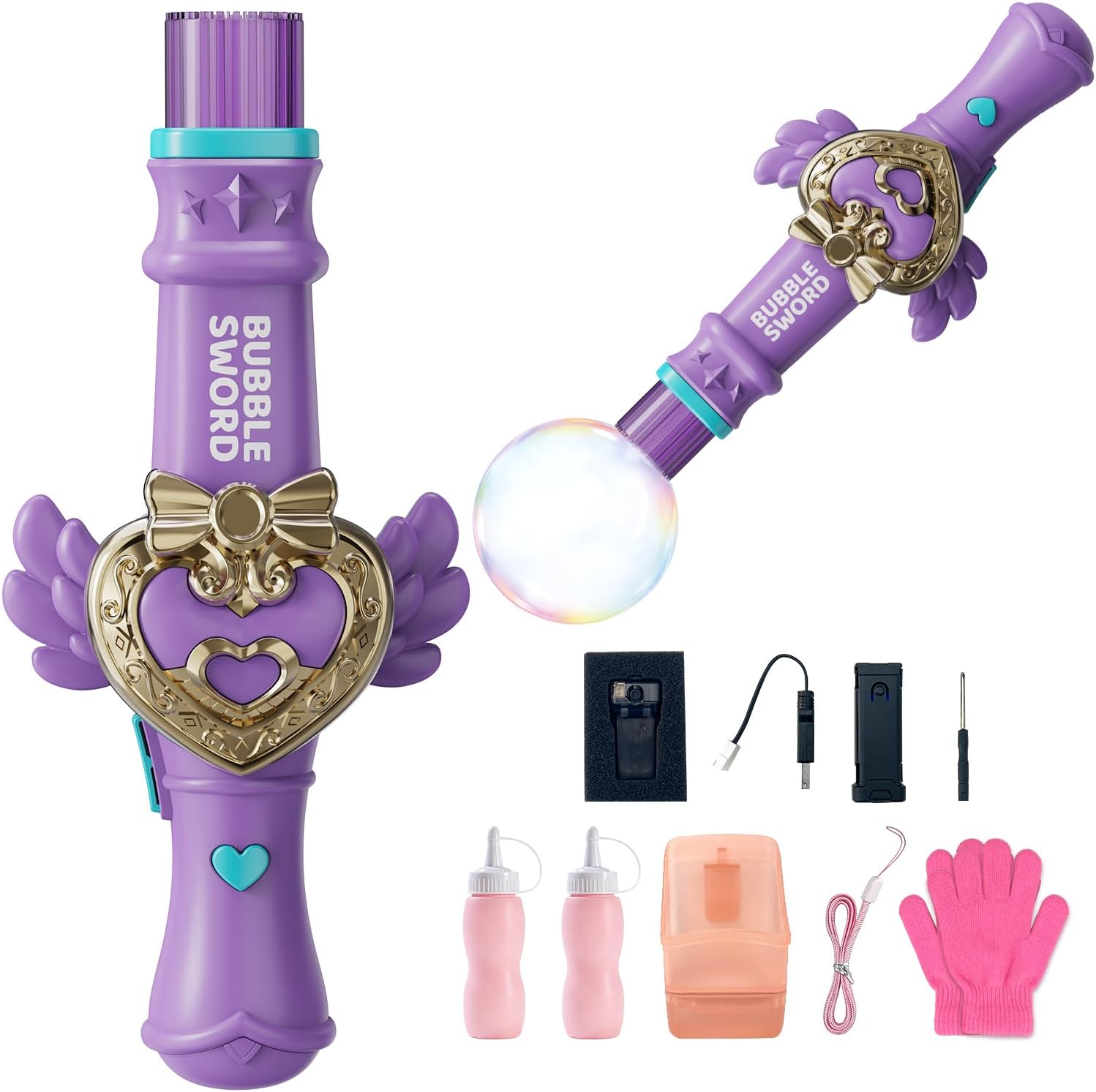 Fog Bubble Machine for Kids, Rechargeable Magic Smoke Bubble Maker with Lights & Sound, Elastic Bubble Fog Wand with Gloves, Spill-Proof Cup & Safe Bubble Solution, for Parties, Beaches, Summer