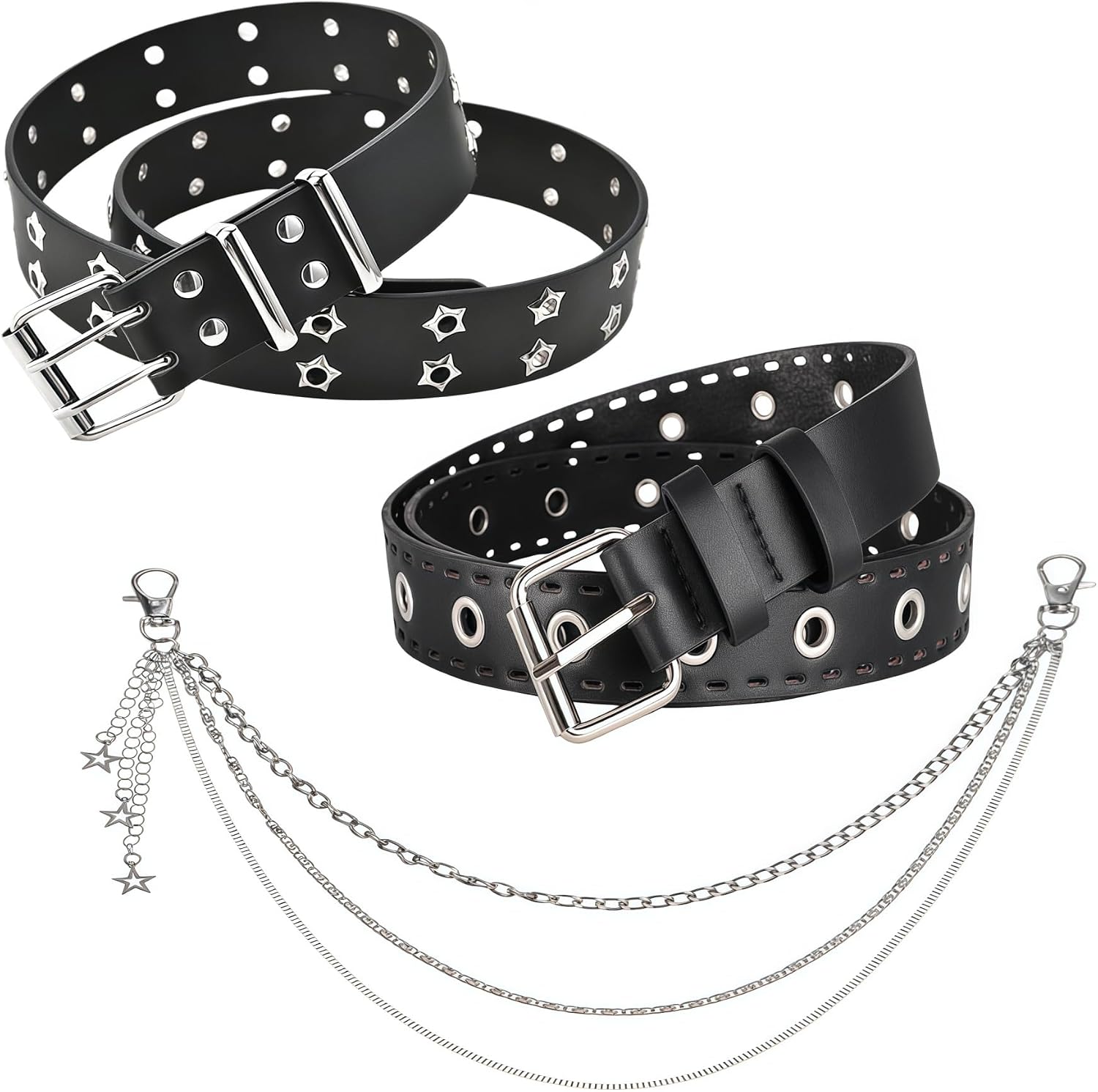 Punk Belt Black Double Grommet Stars Waist Belt with Pants Chain for Women