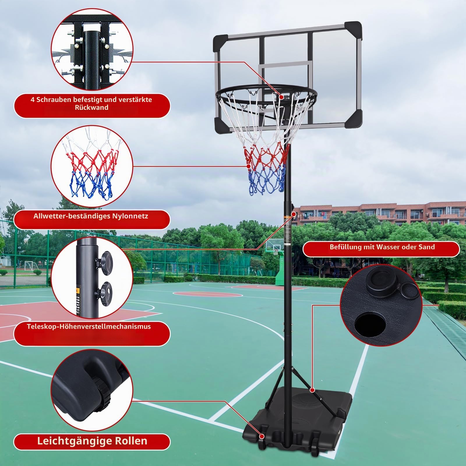 Tragbarer, freistehender Basketballkorb und Ständer, höhenverstellbar, mit transparentem Rückwand-Set-System für drinnen und draußen, 165–213 cm