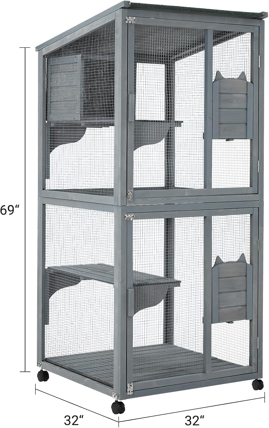 Cat Patio Enclosure, 69" Large Indoor Outdoor Catio Cage with Waterproof Roof, Lockable Wheels, Resting Cabin & Platforms for Multi-Cat Families, Weatherproof Catios