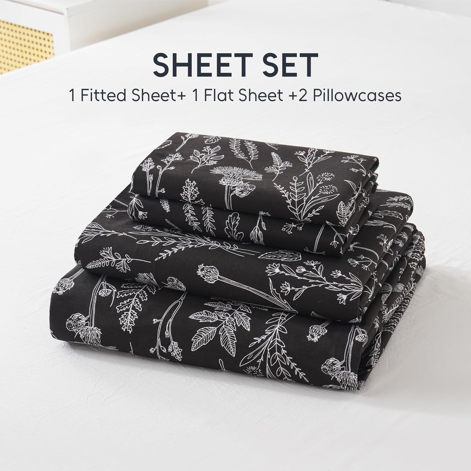 100% Natural Cotton Percale Sheets Set,Queen Size 4 PC, Breathable&Durable Hotel Quality Bedding, 16" Deep Pocket Botanical Floral Bedsheets,Black