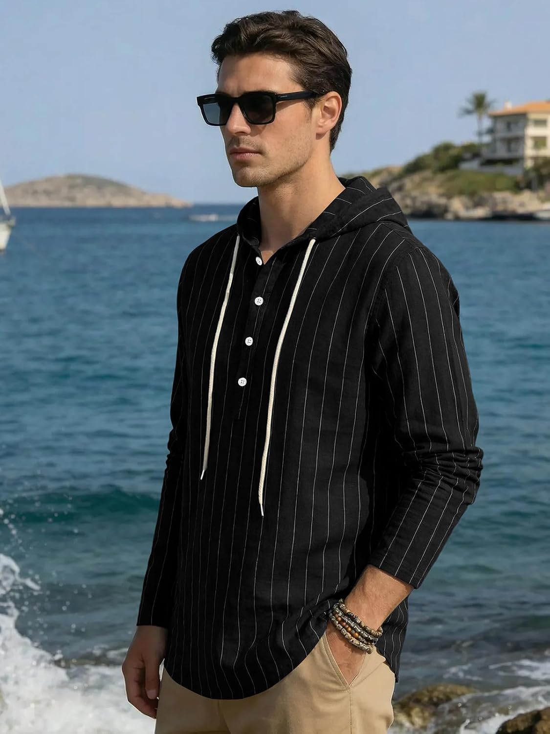 Mens Cotton Linen Hoodies Long Sleeve Button Down Shirts Casual Hawaiian Beach Yoga Sweatshirts