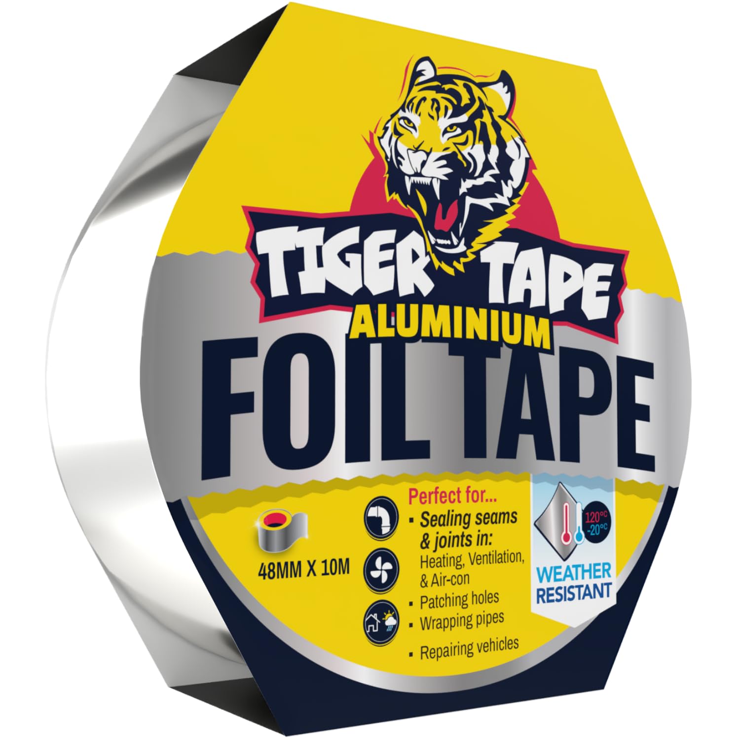 Tiger Tape® Aluminium Foil Tape | Automotive Heat Shield & Exhaust Repair Tape, Highly Adhesive & Heat Resistant, Ideal for Cars, HVAC, Panels & Pipes (48mm x 10m, Silver)