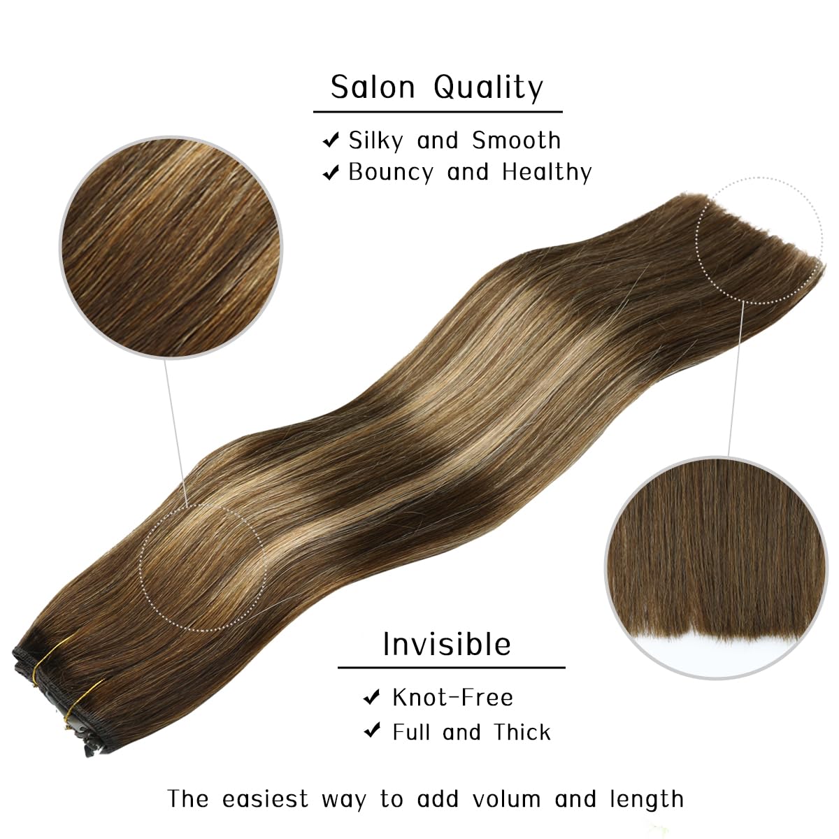 VINBAO Invisible Wire Extensions Real Human Hair Ombre Balayage Chocolate Brown to Caramel Blonde 70g 16 Inch Hairpiece Invisible Fish Line Hair Extensions for Women (#4274 16in)